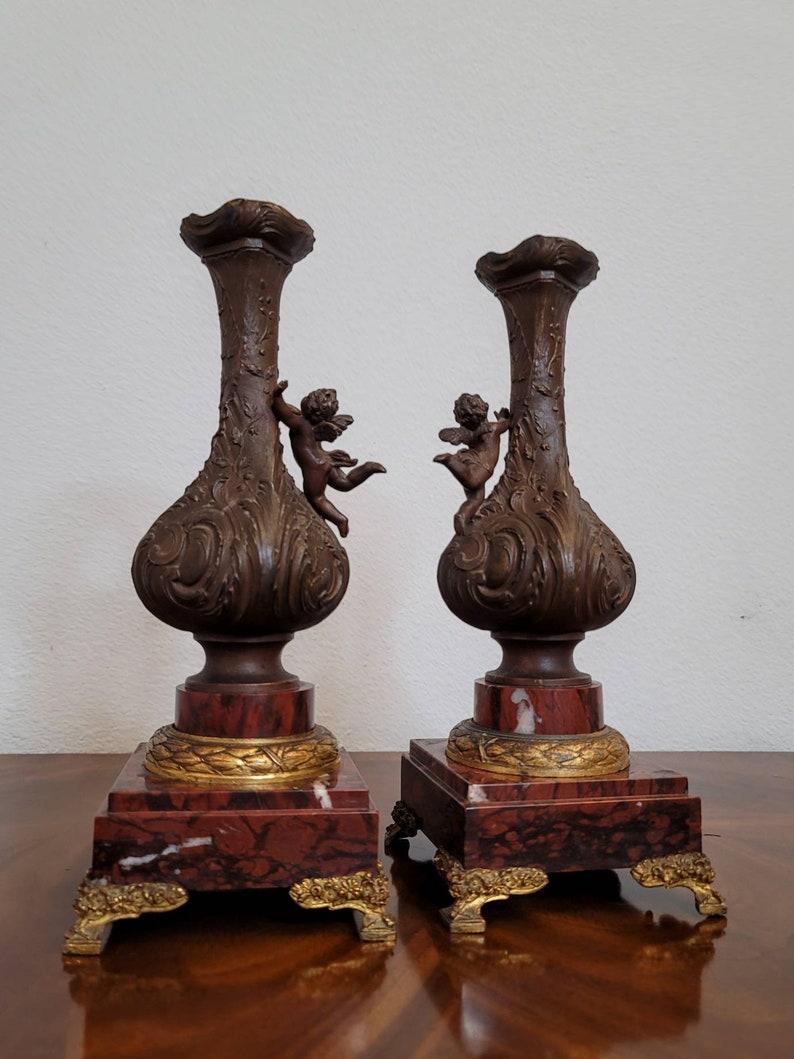 Patinated Pair of 19th Century French Griotte Marble Vase Garnitures