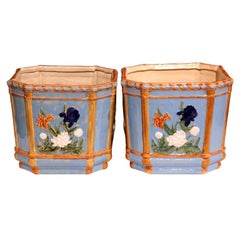 Pair of 19th Century French Hand Painted Barbotine Cachepots with Floral Motifs