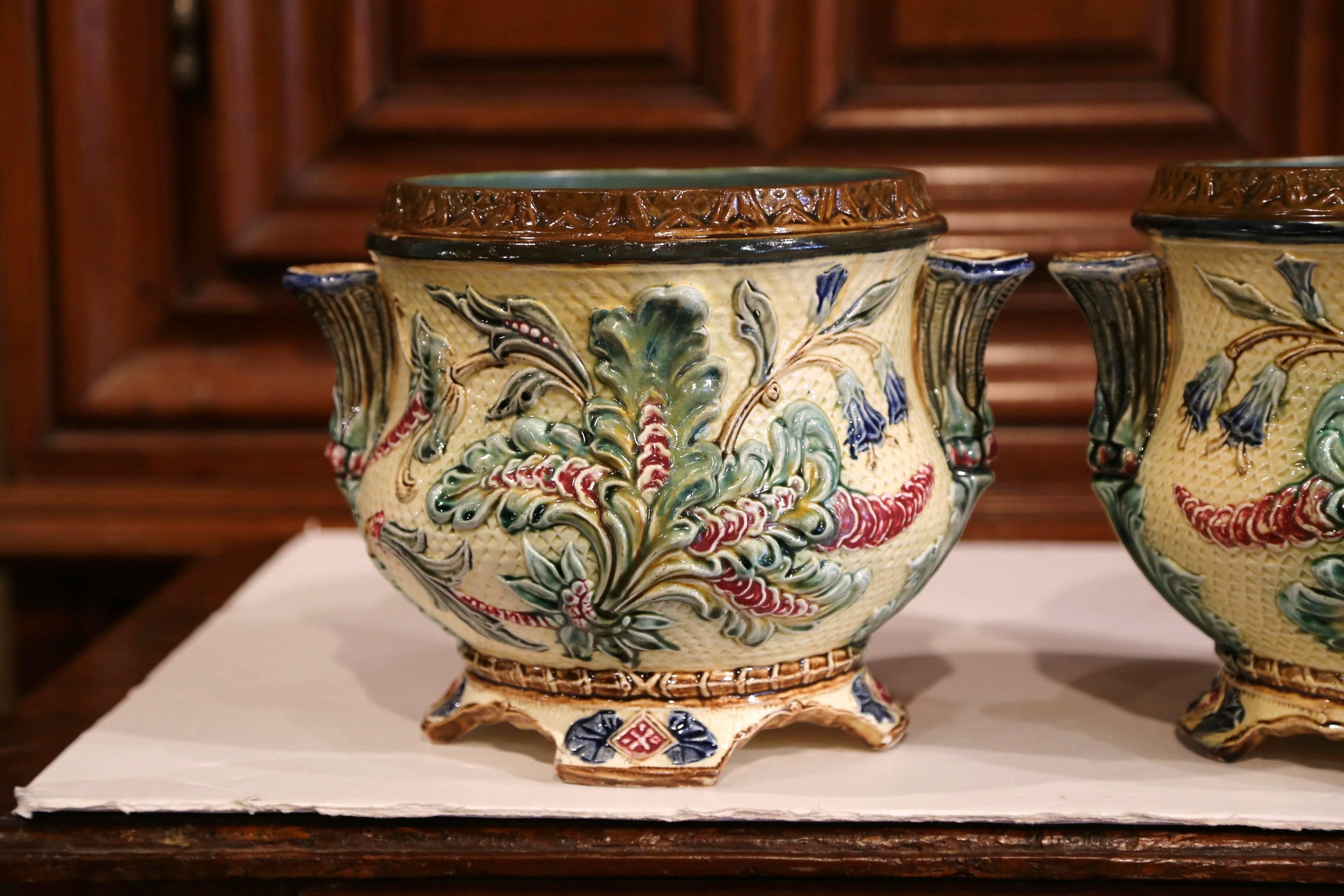 Hand-Crafted Pair of 19th Century French Hand-Painted Barbotine Cachepots with Foliage Motifs