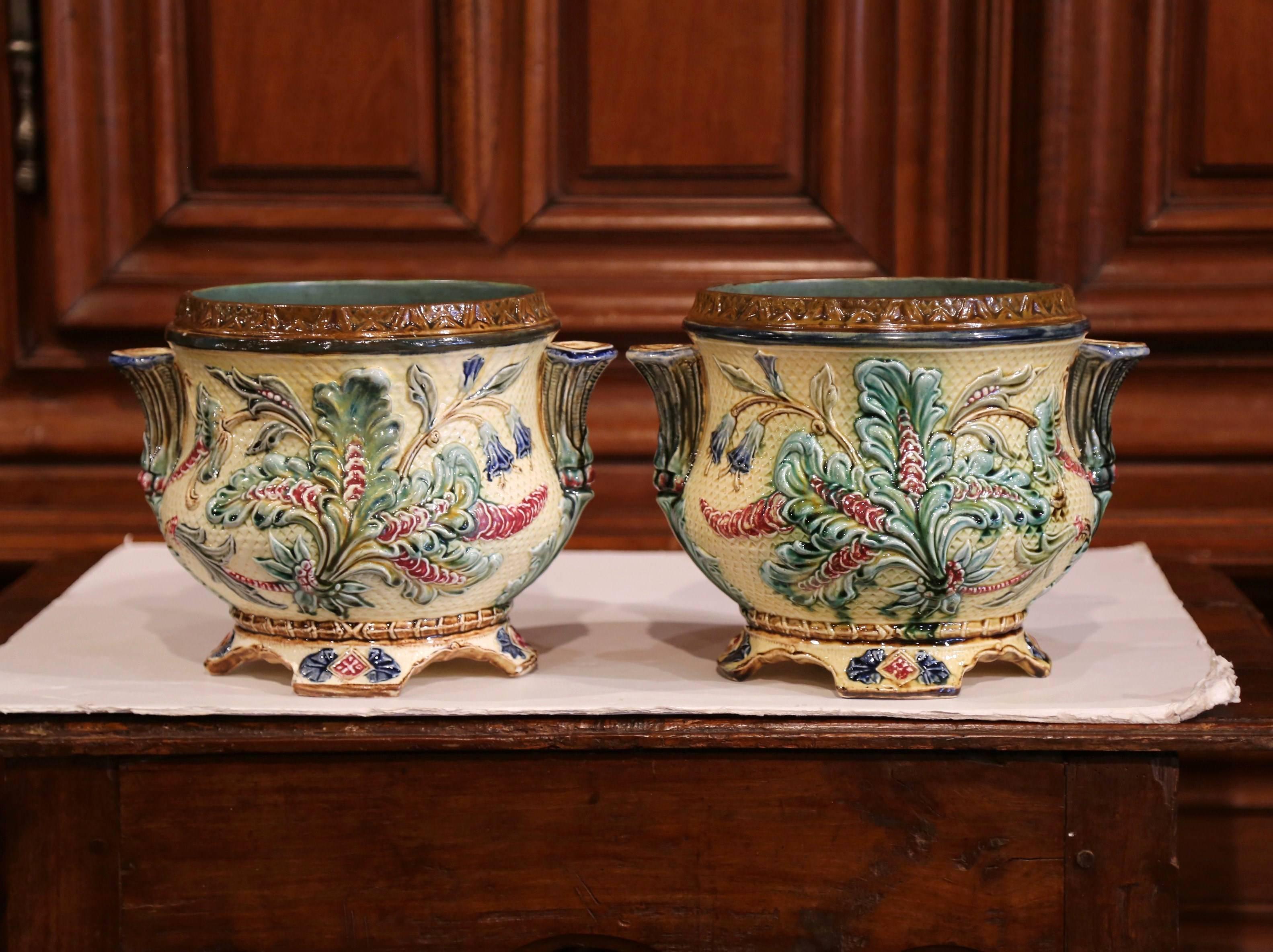 Ceramic Pair of 19th Century French Hand-Painted Barbotine Cachepots with Foliage Motifs