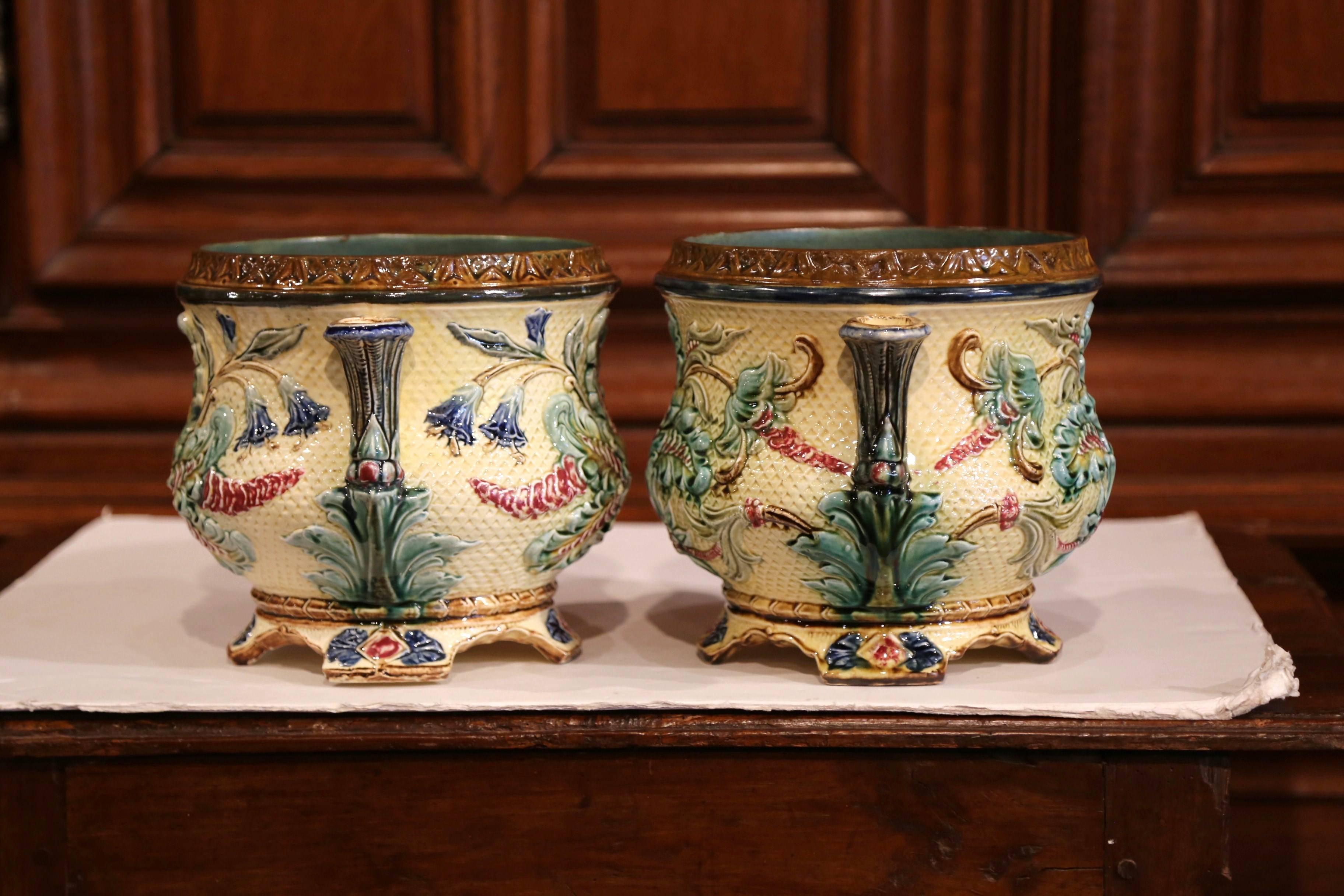Pair of 19th Century French Hand-Painted Barbotine Cachepots with Foliage Motifs 1