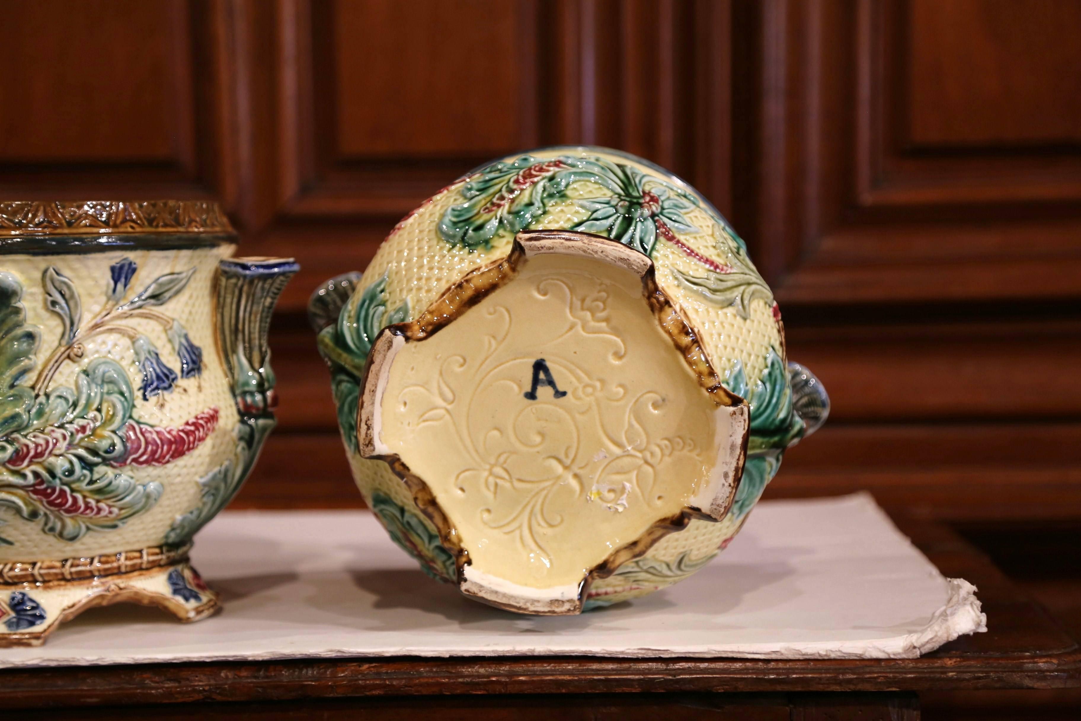 Pair of 19th Century French Hand-Painted Barbotine Cachepots with Foliage Motifs 2