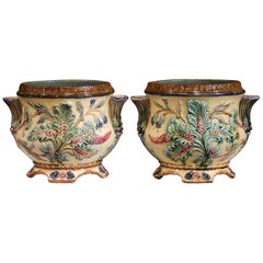 Pair of 19th Century French Hand-Painted Barbotine Cachepots with Foliage Motifs