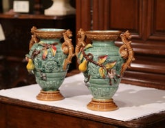 Pair of 19th Century French Hand Painted Barbotine Ceramic Fruit Vases