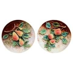 Pair of 19th Century French Hand Painted Barbotine Ceramics Fruit Plates