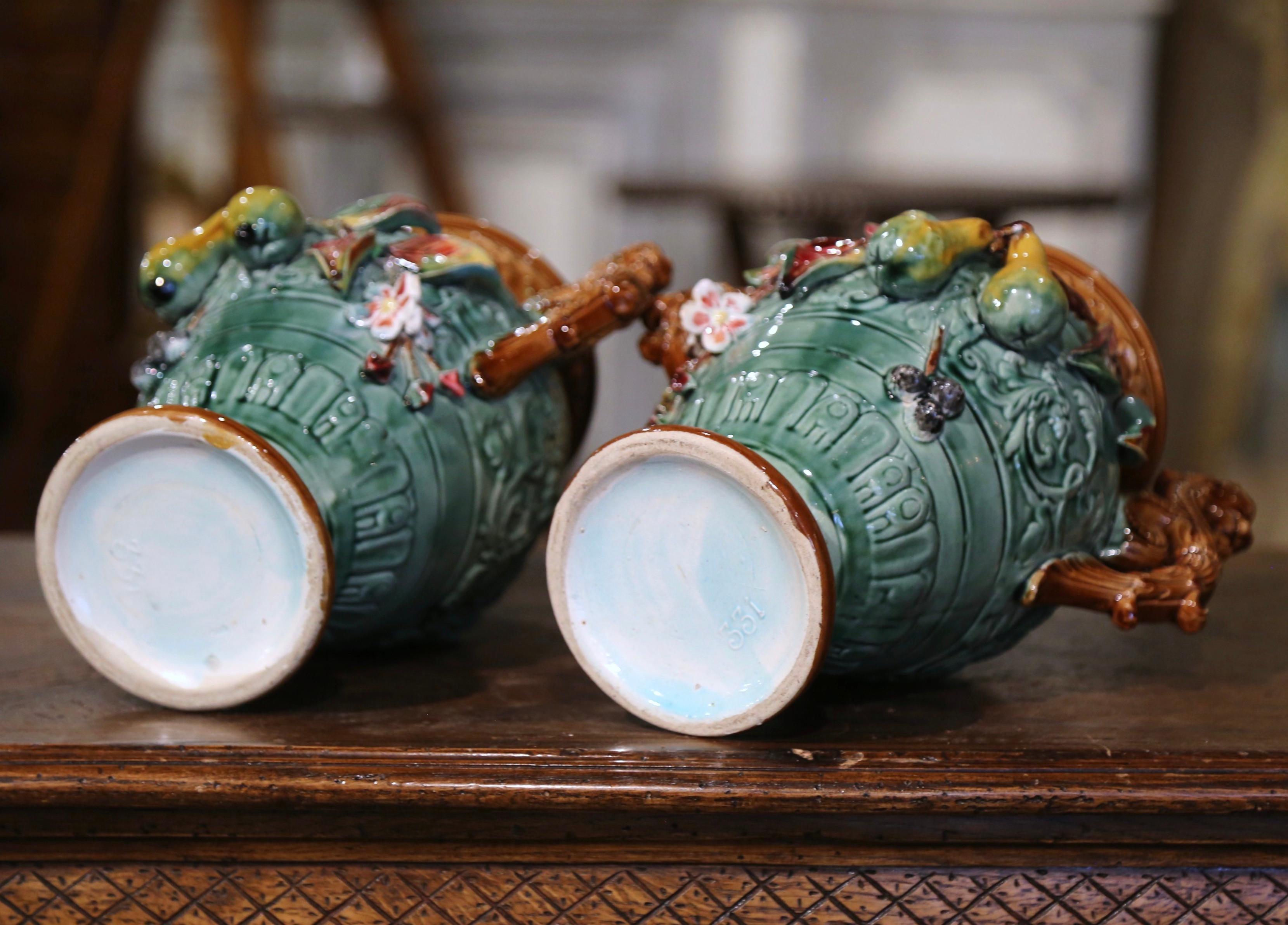 Pair of 19th Century French Hand Painted Barbotine Vases with Fruit Motifs For Sale 5