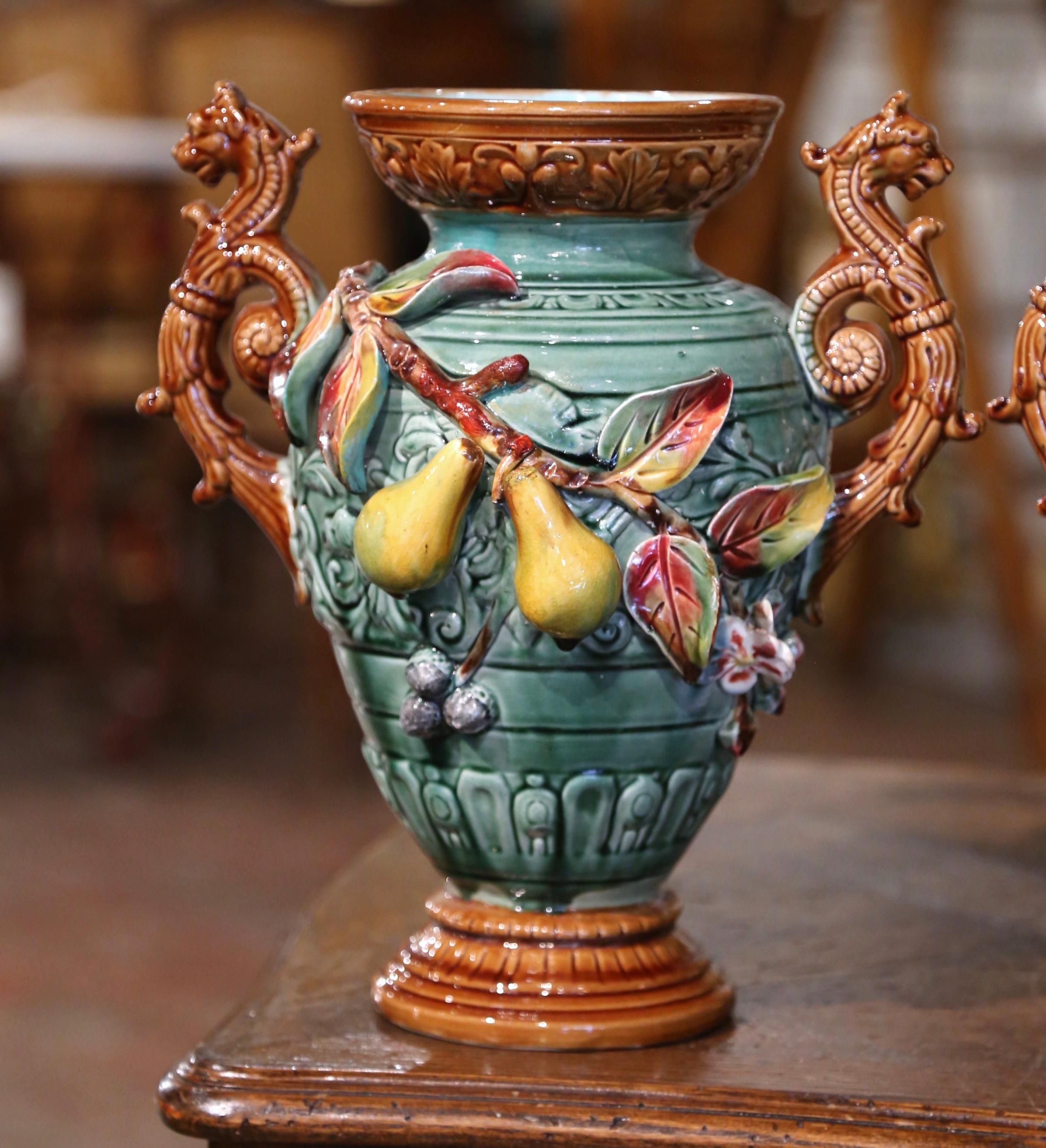 Hand-Crafted Pair of 19th Century French Hand Painted Barbotine Vases with Fruit Motifs For Sale