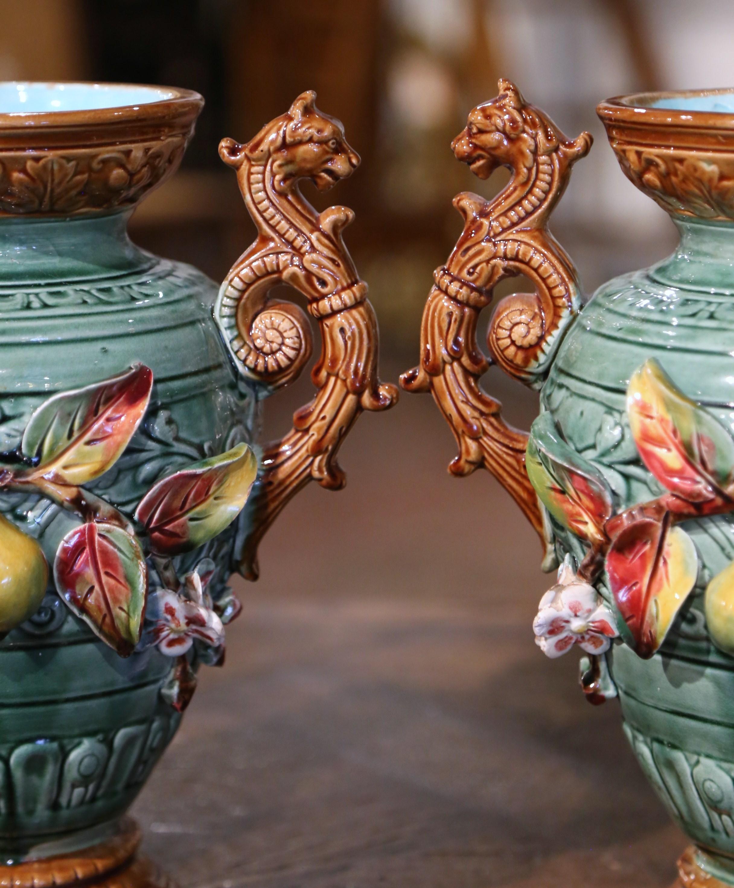 Pair of 19th Century French Hand Painted Barbotine Vases with Fruit Motifs In Excellent Condition For Sale In Dallas, TX