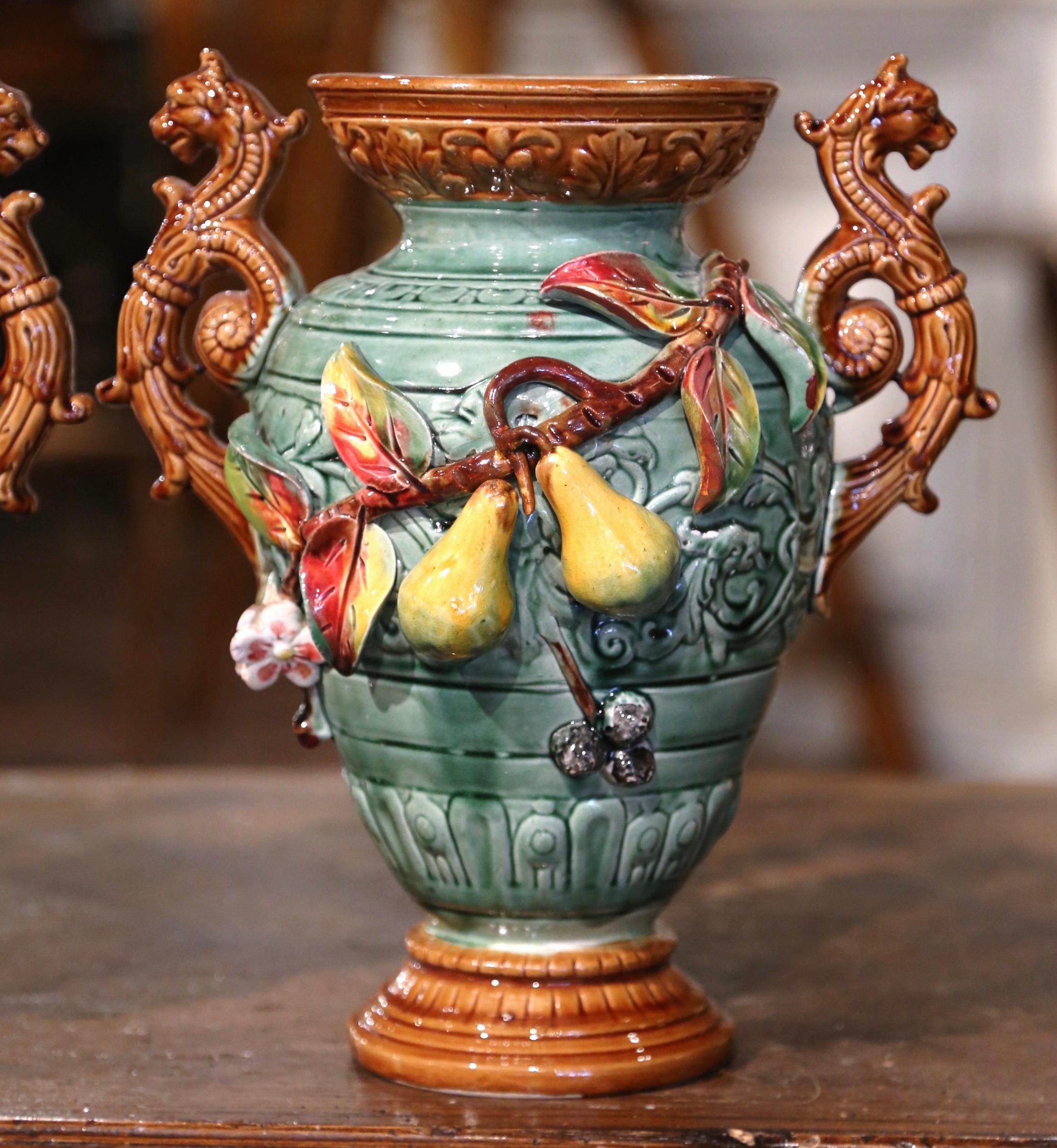 Ceramic Pair of 19th Century French Hand Painted Barbotine Vases with Fruit Motifs For Sale