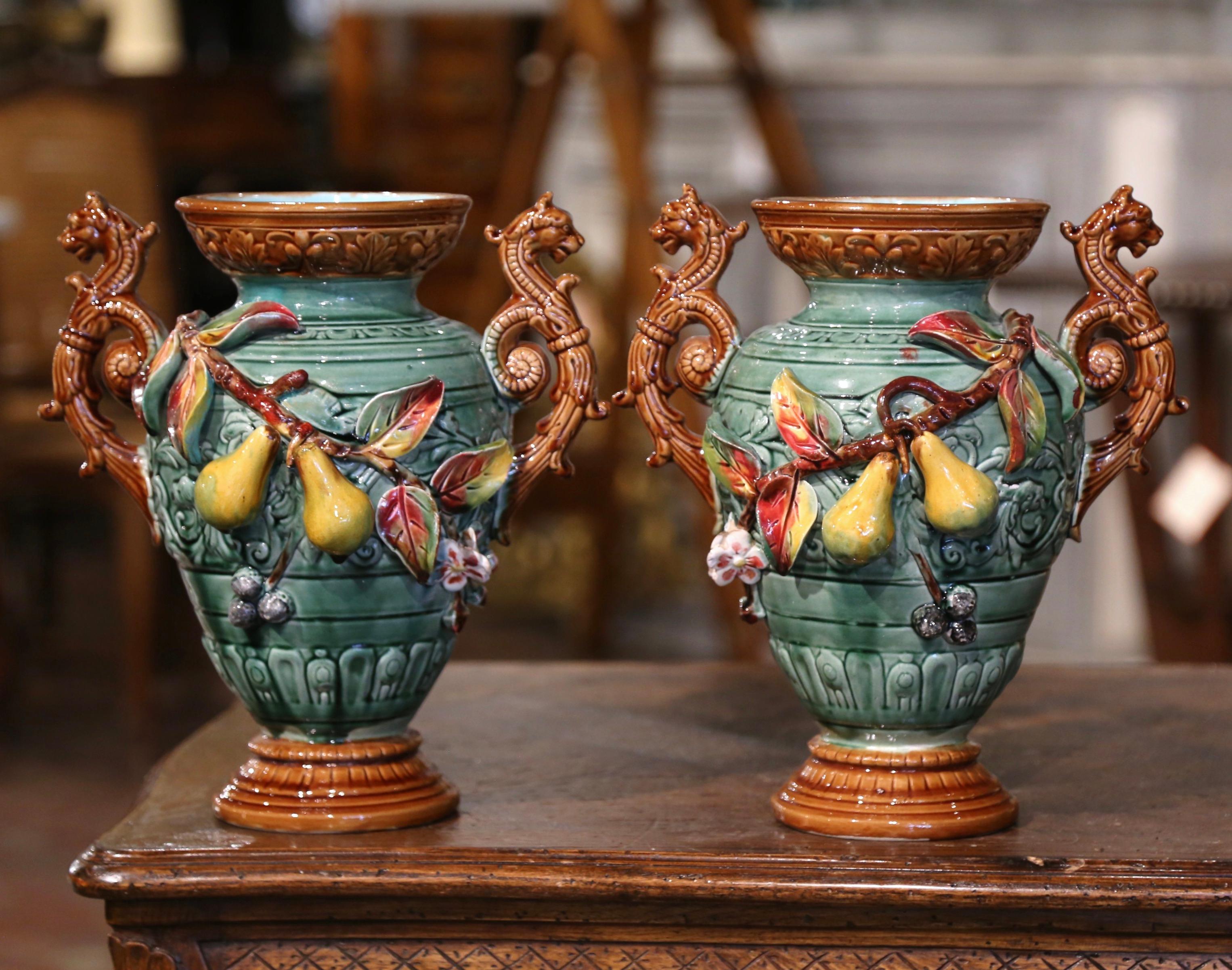 Pair of 19th Century French Hand Painted Barbotine Vases with Fruit Motifs For Sale 1