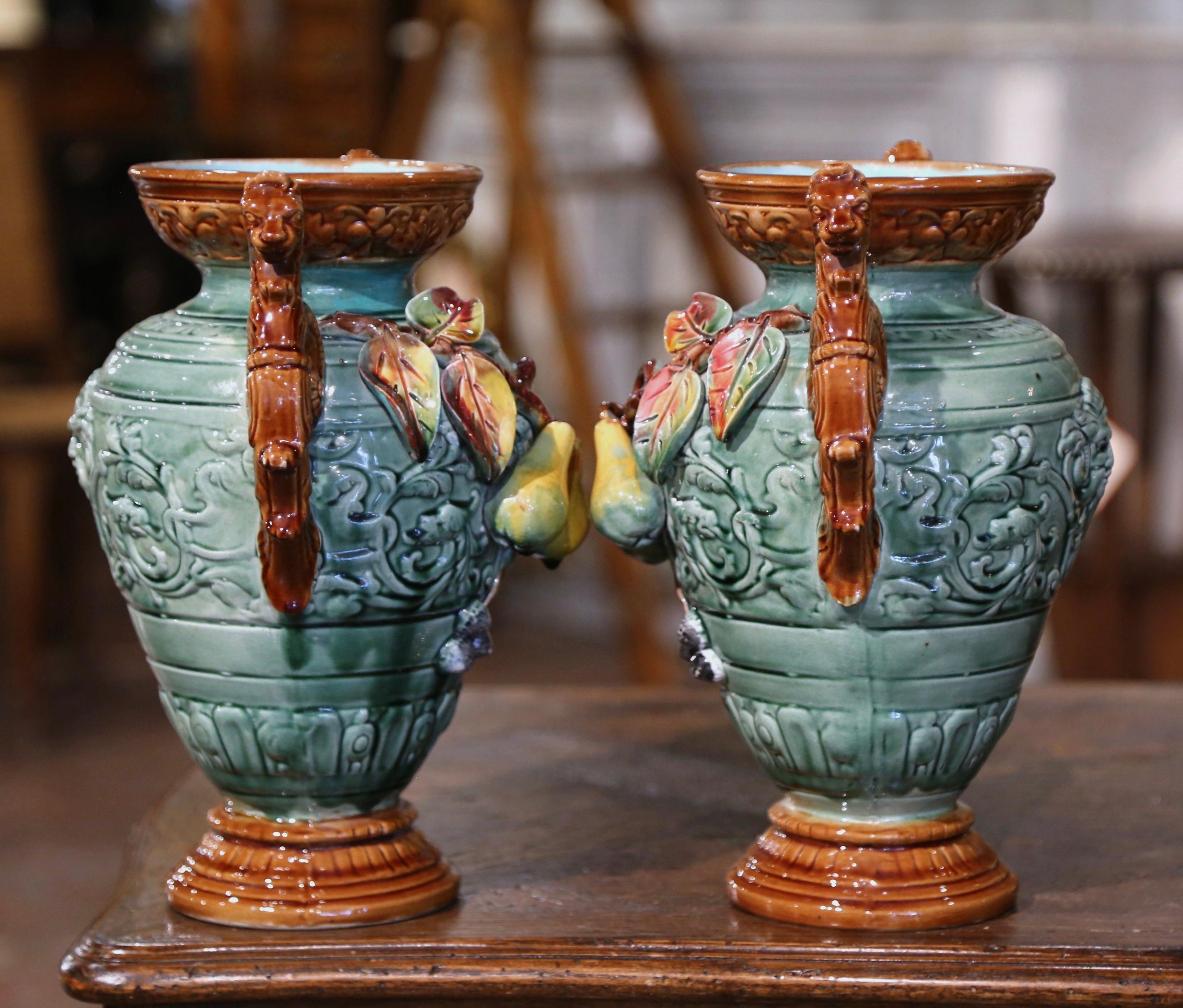 Pair of 19th Century French Hand Painted Barbotine Vases with Fruit Motifs For Sale 3