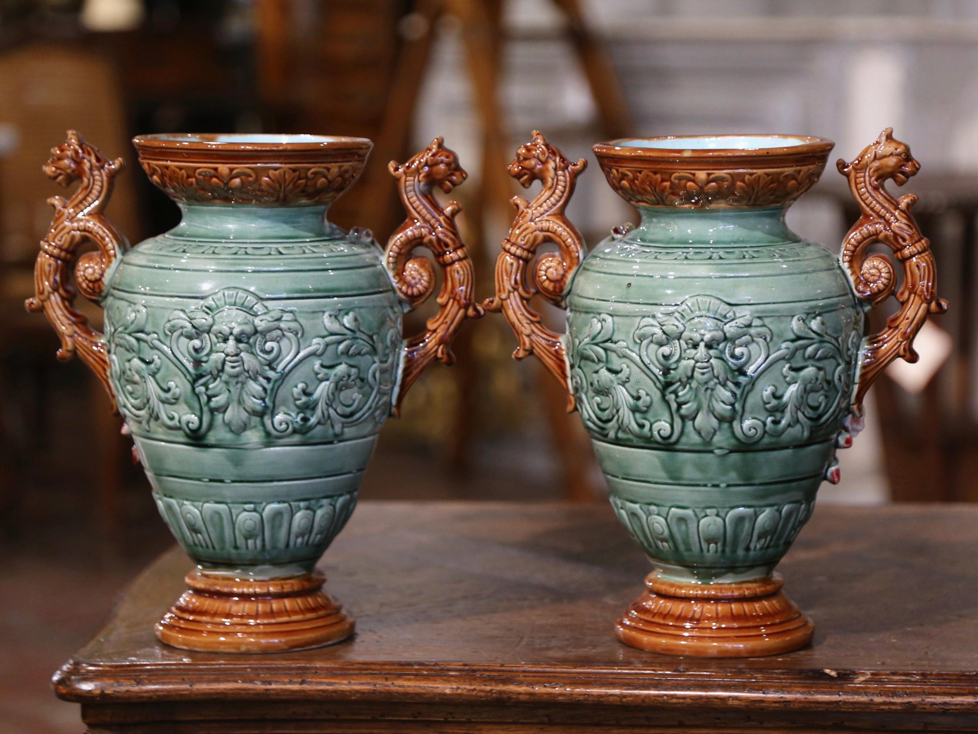 Pair of 19th Century French Hand Painted Barbotine Vases with Fruit Motifs For Sale 4