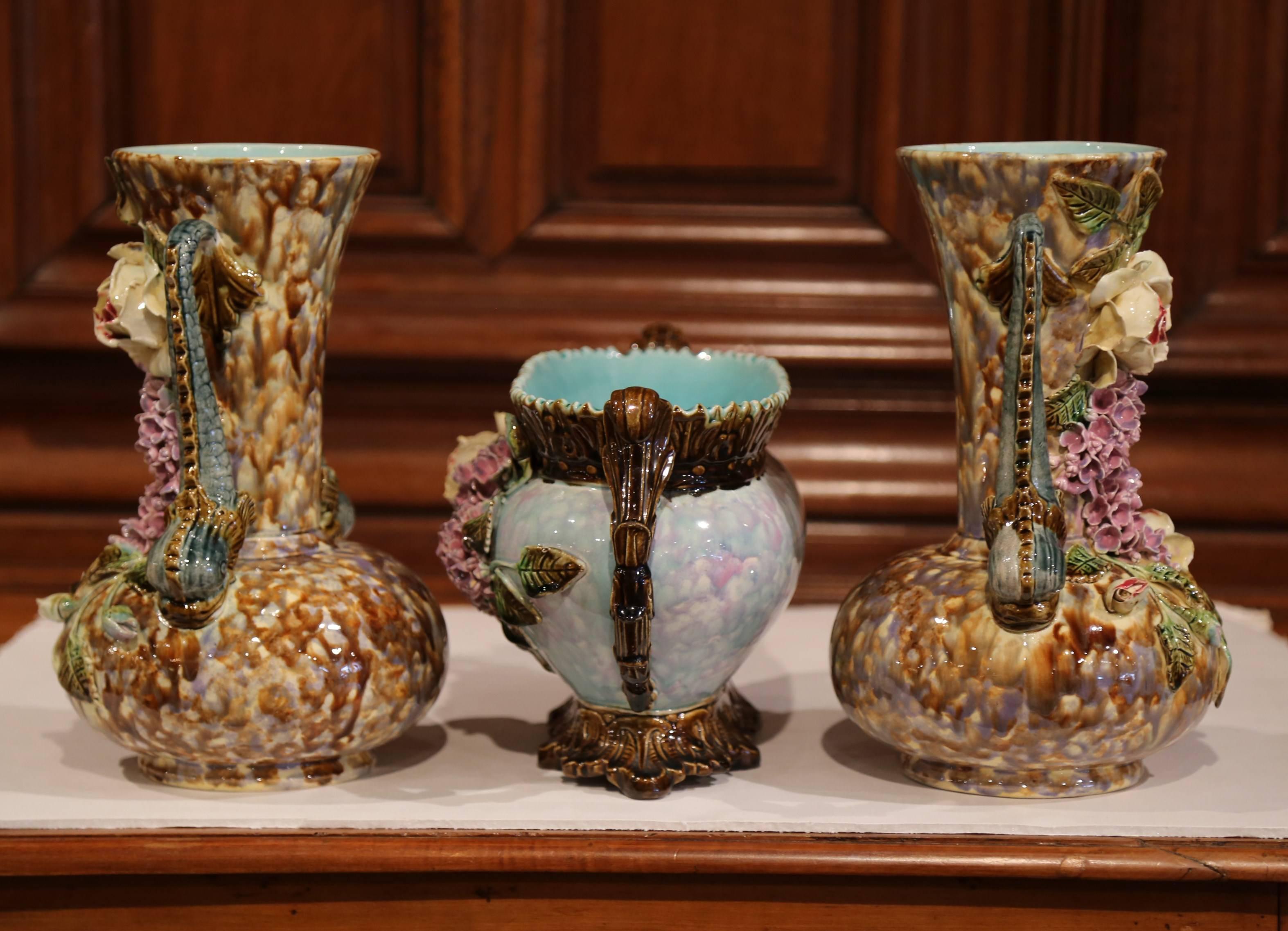 Pair of 19th Century French Hand-Painted Barbotine Vases with Matching Cachepot 5