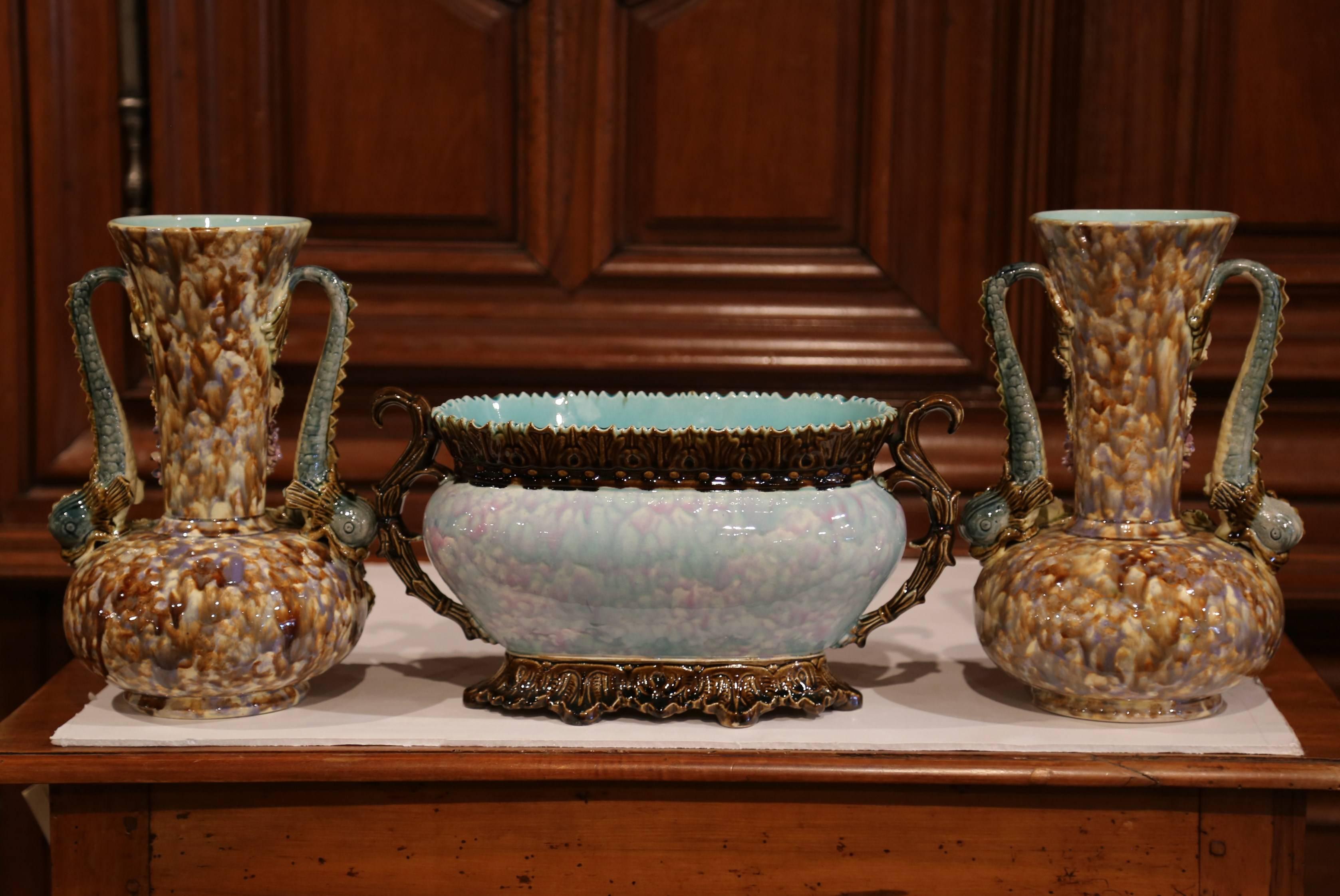 Pair of 19th Century French Hand-Painted Barbotine Vases with Matching Cachepot 6