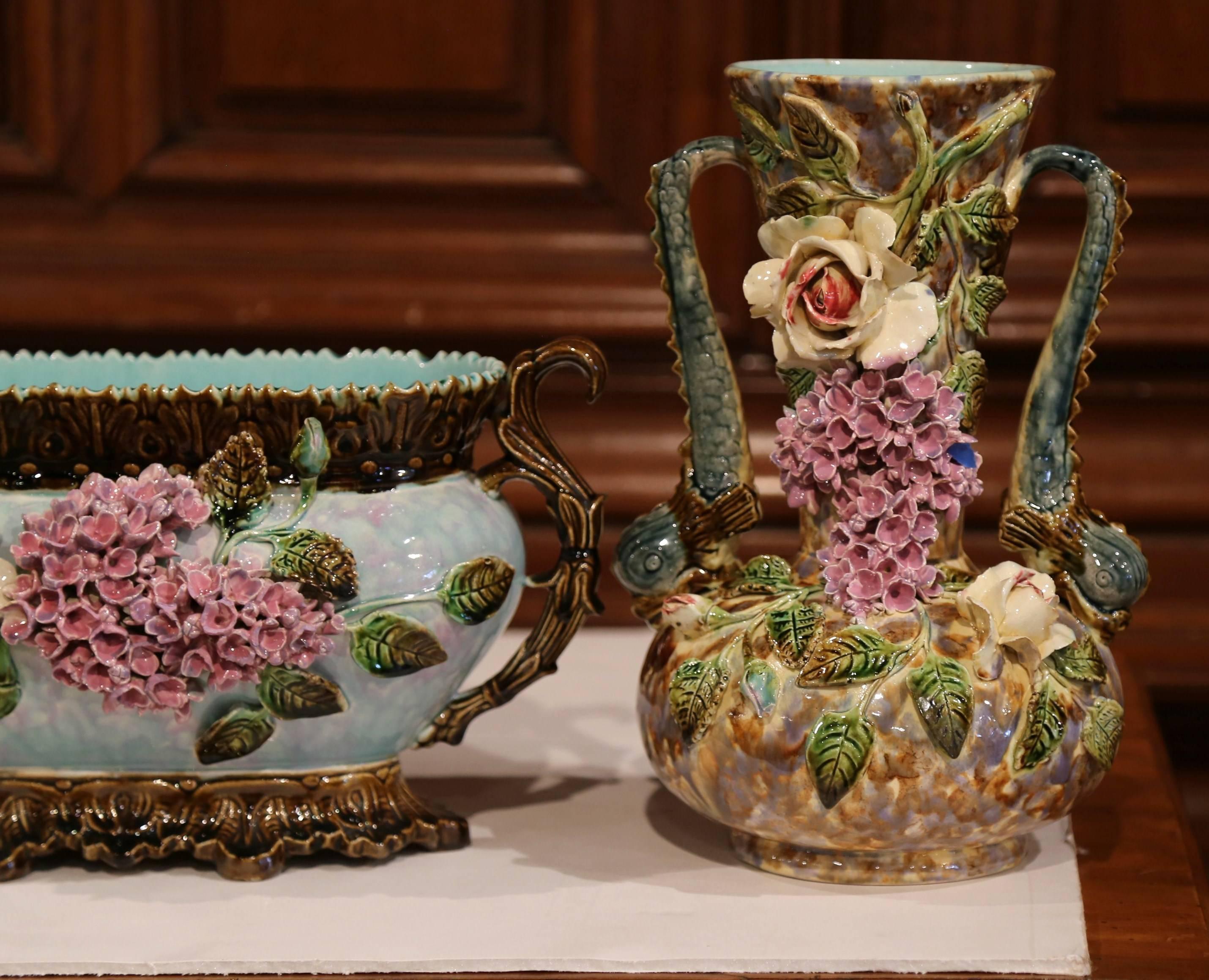 Pair of 19th Century French Hand-Painted Barbotine Vases with Matching Cachepot In Excellent Condition In Dallas, TX