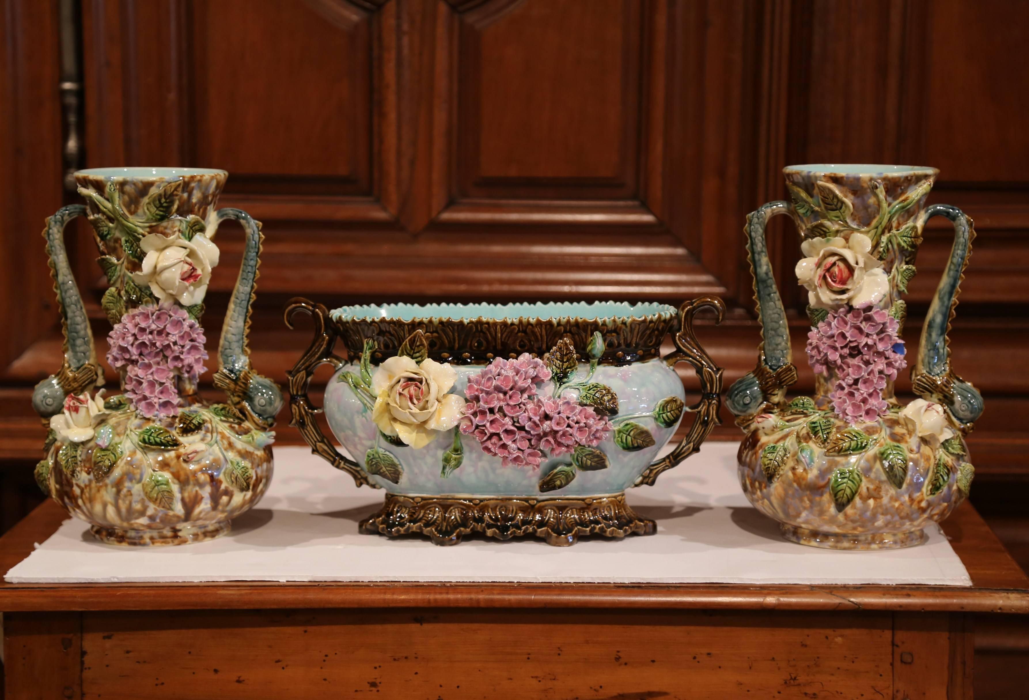 Faience Pair of 19th Century French Hand-Painted Barbotine Vases with Matching Cachepot