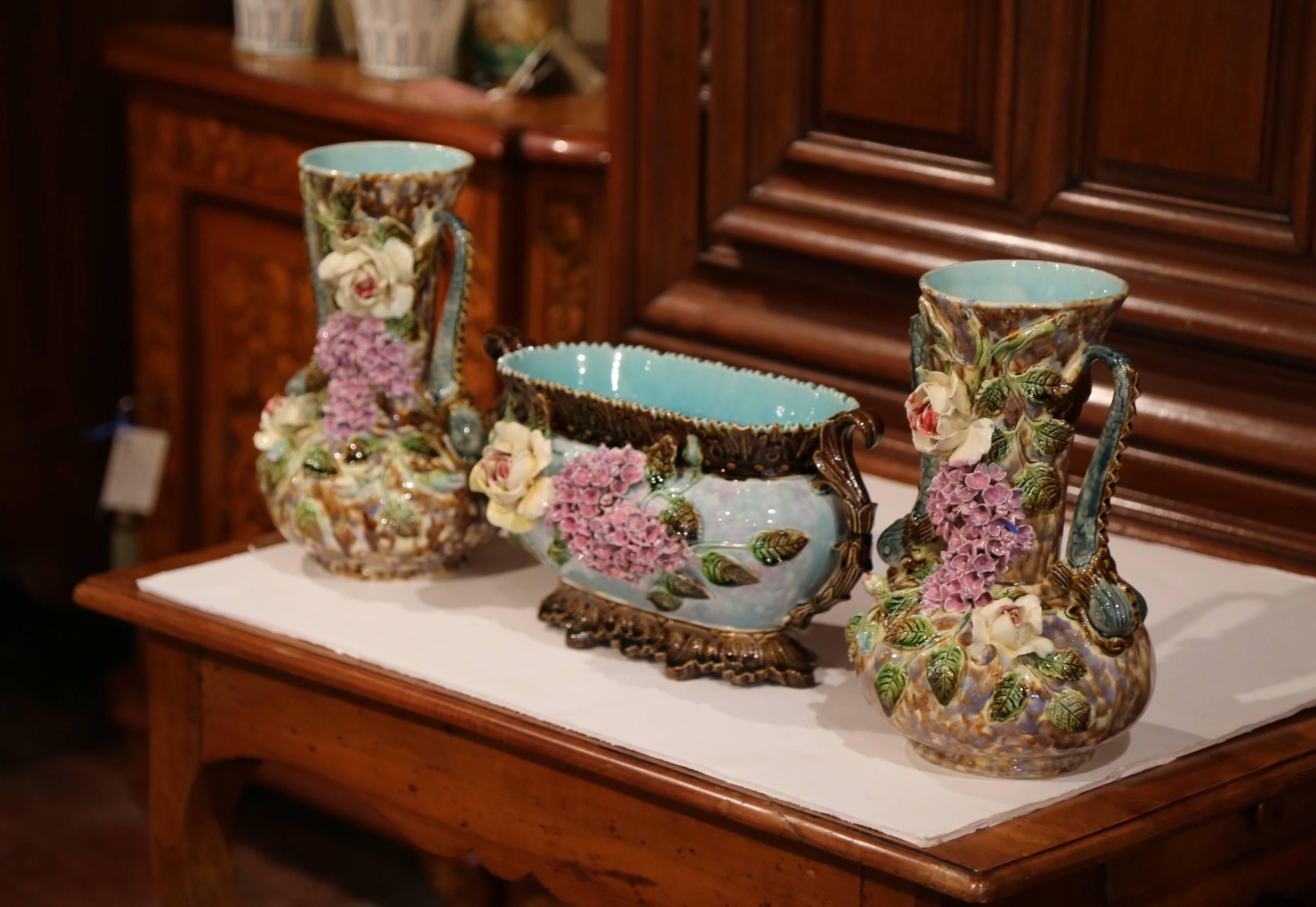 Pair of 19th Century French Hand-Painted Barbotine Vases with Matching Cachepot 4
