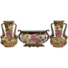 Pair of 19th Century French Hand-Painted Barbotine Vases with Matching Cachepot