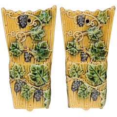 Pair of 19th Century, French Hand Painted Barbotine Wall Hanging Pocket Vases