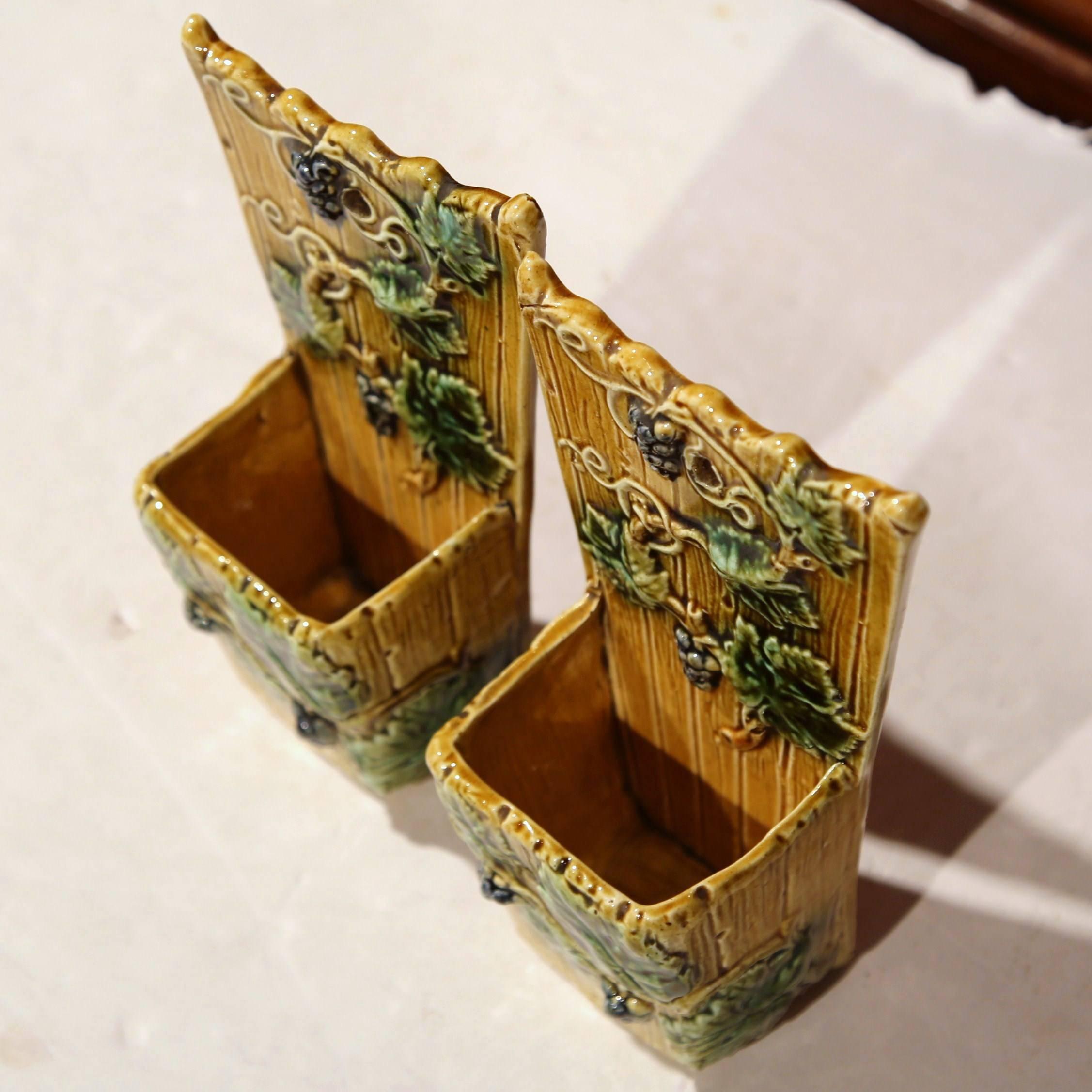 Hand-Crafted Pair of 19th Century, French Hand Painted Barbotine Wall Hanging Pocket Vases For Sale