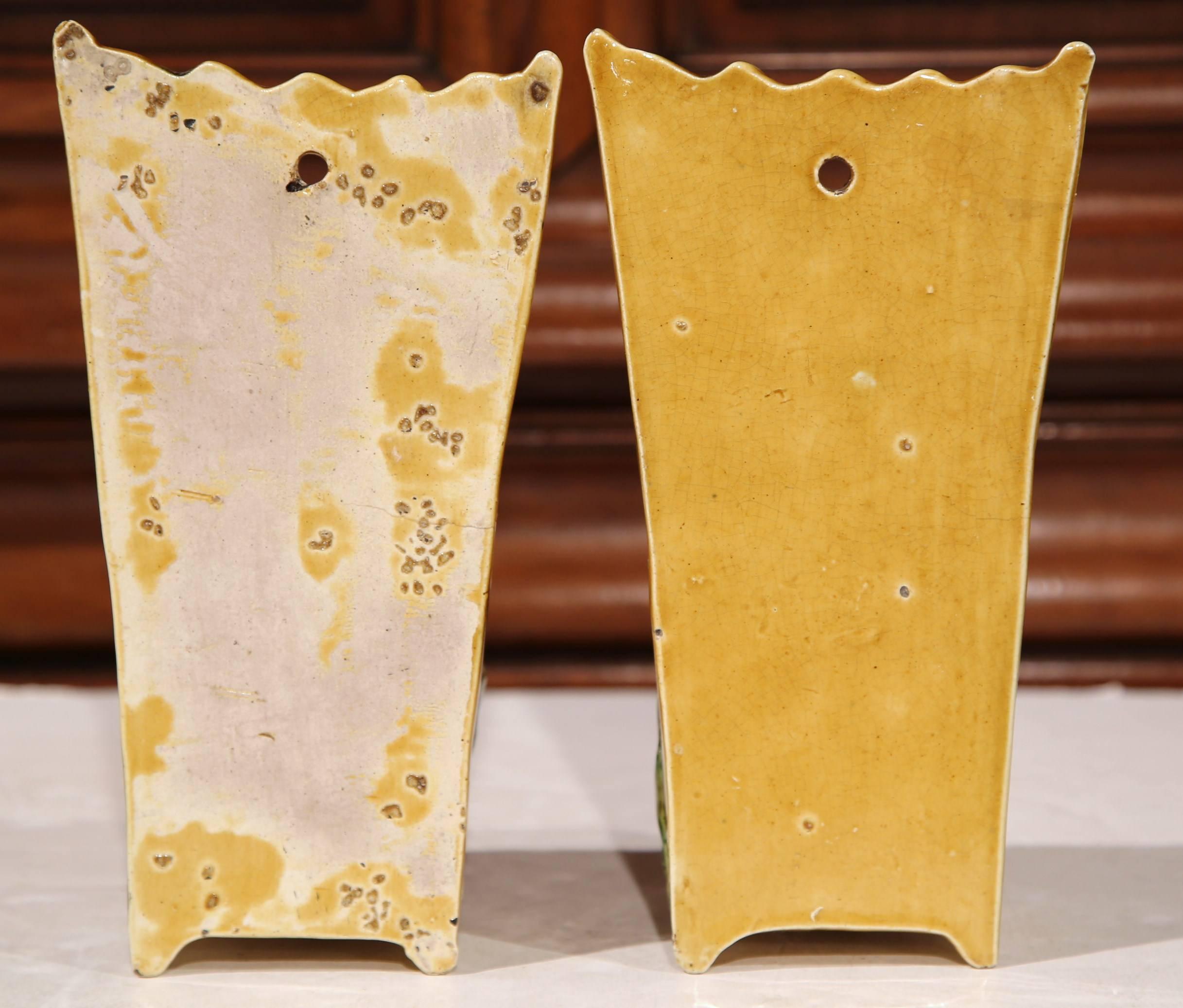 Ceramic Pair of 19th Century, French Hand Painted Barbotine Wall Hanging Pocket Vases For Sale