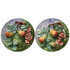 Pair of 19th Century French Hand Painted Barbotine Wall Plates Stamped Longchamp