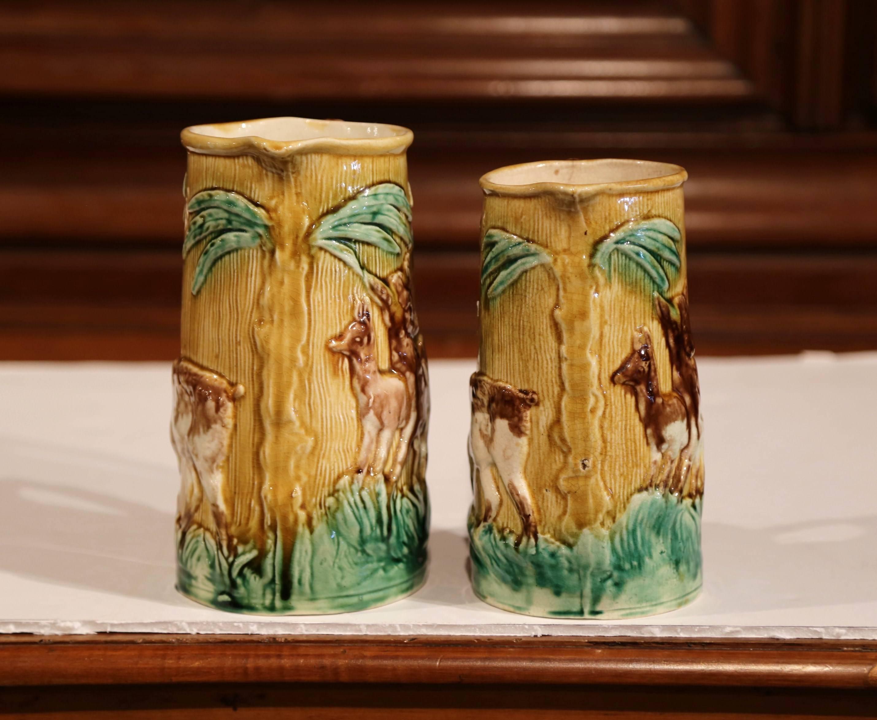 Ceramic Pair of 19th Century French Hand-Painted Barbotine Wine Pitchers with Deer