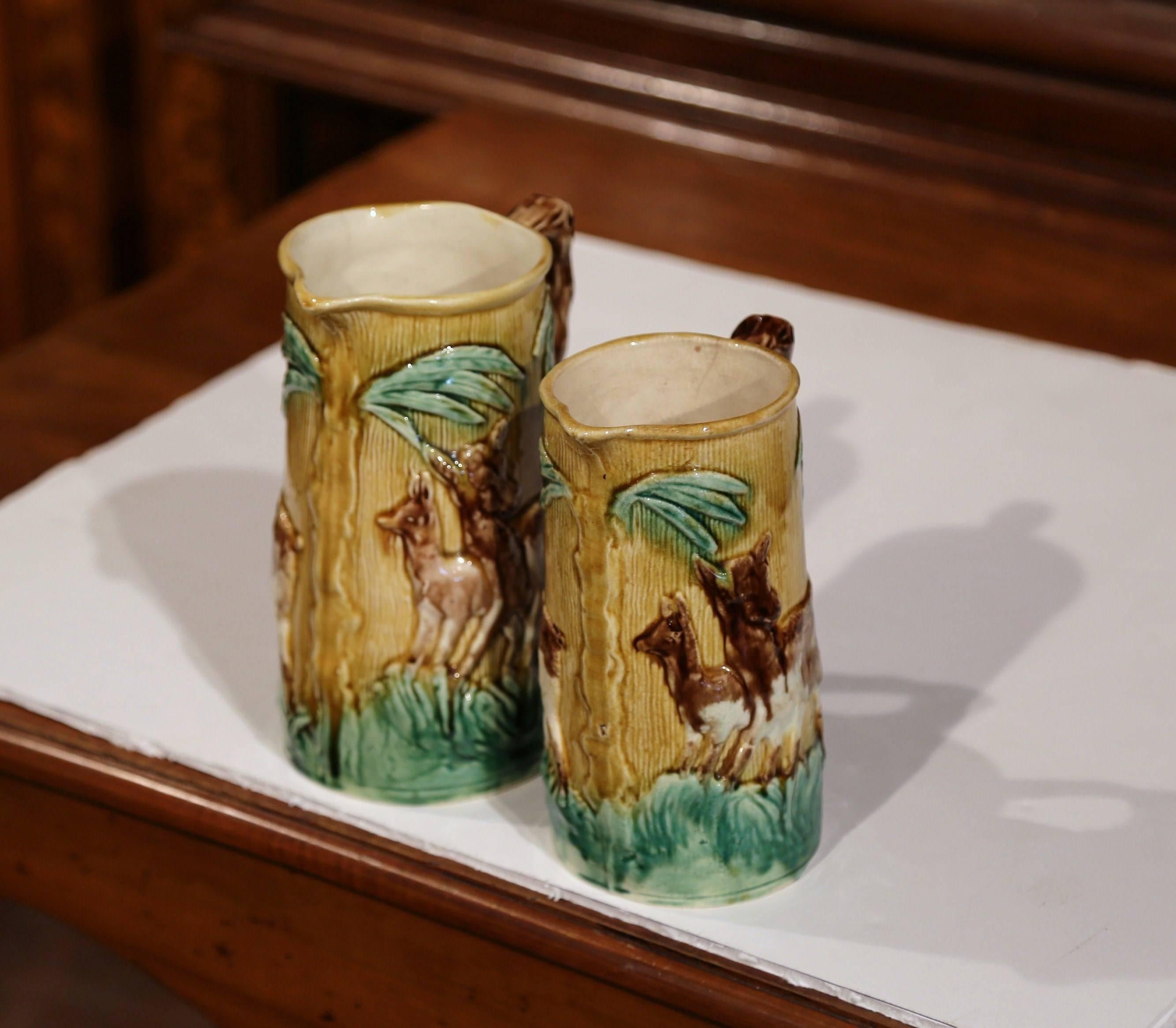 Pair of 19th Century French Hand-Painted Barbotine Wine Pitchers with Deer 2