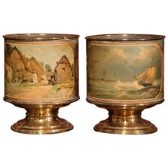 Pair of 19th Century French Hand-Painted Brass Cache Pots with Zinc Liner