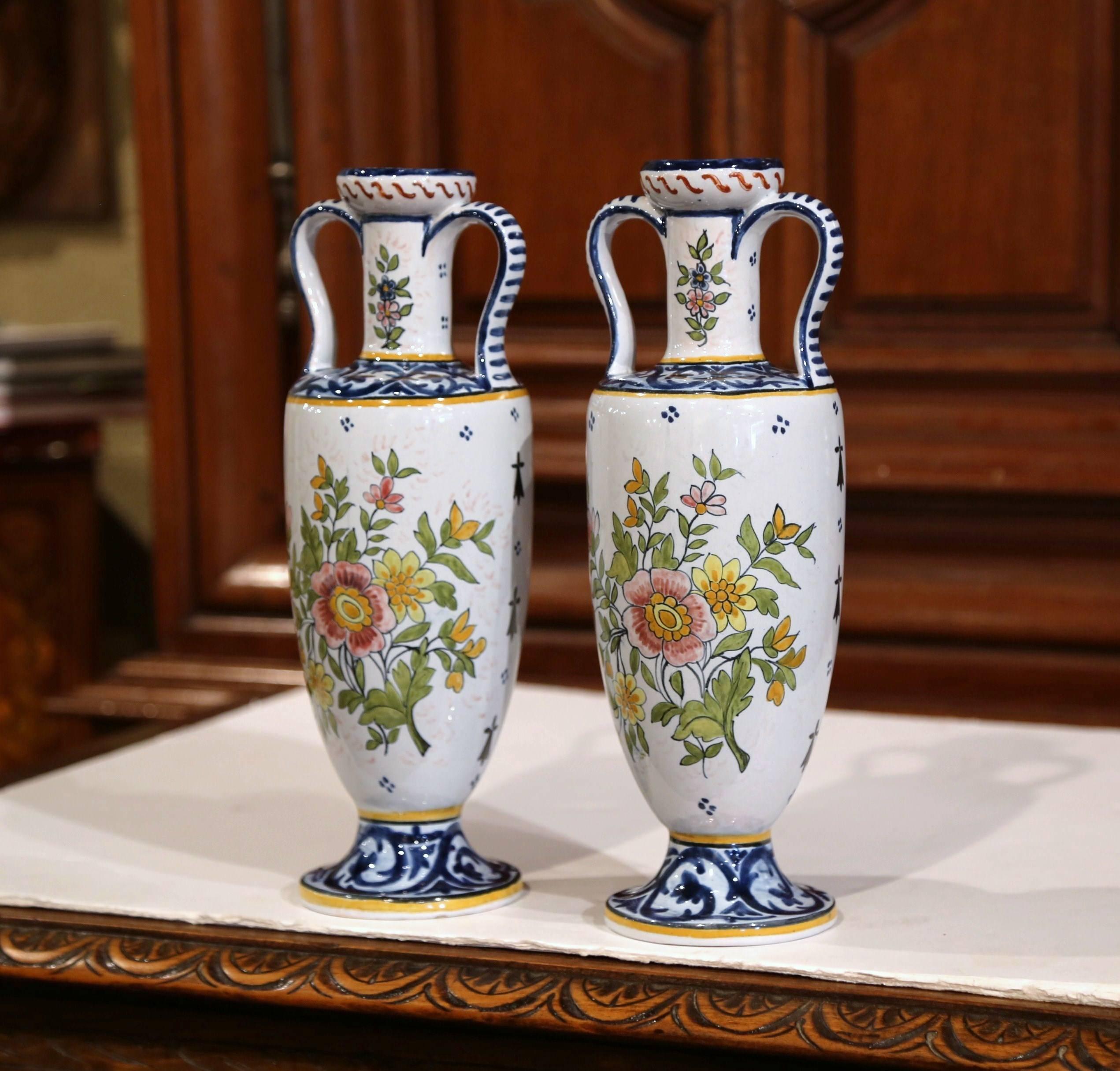  Pair of 19th Century French Hand-Painted Vases Signed HB Quimper 4