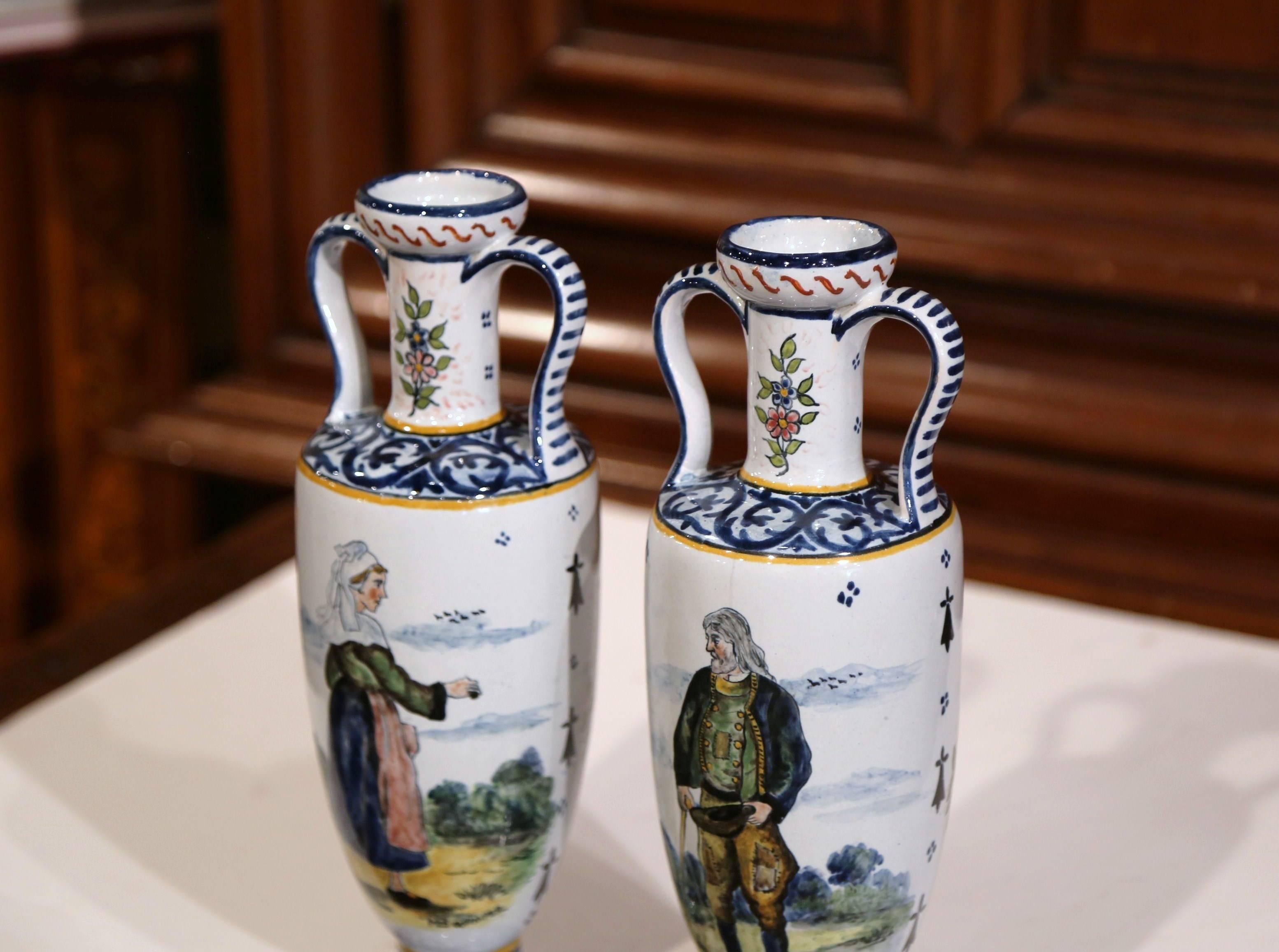  Pair of 19th Century French Hand-Painted Vases Signed HB Quimper 5