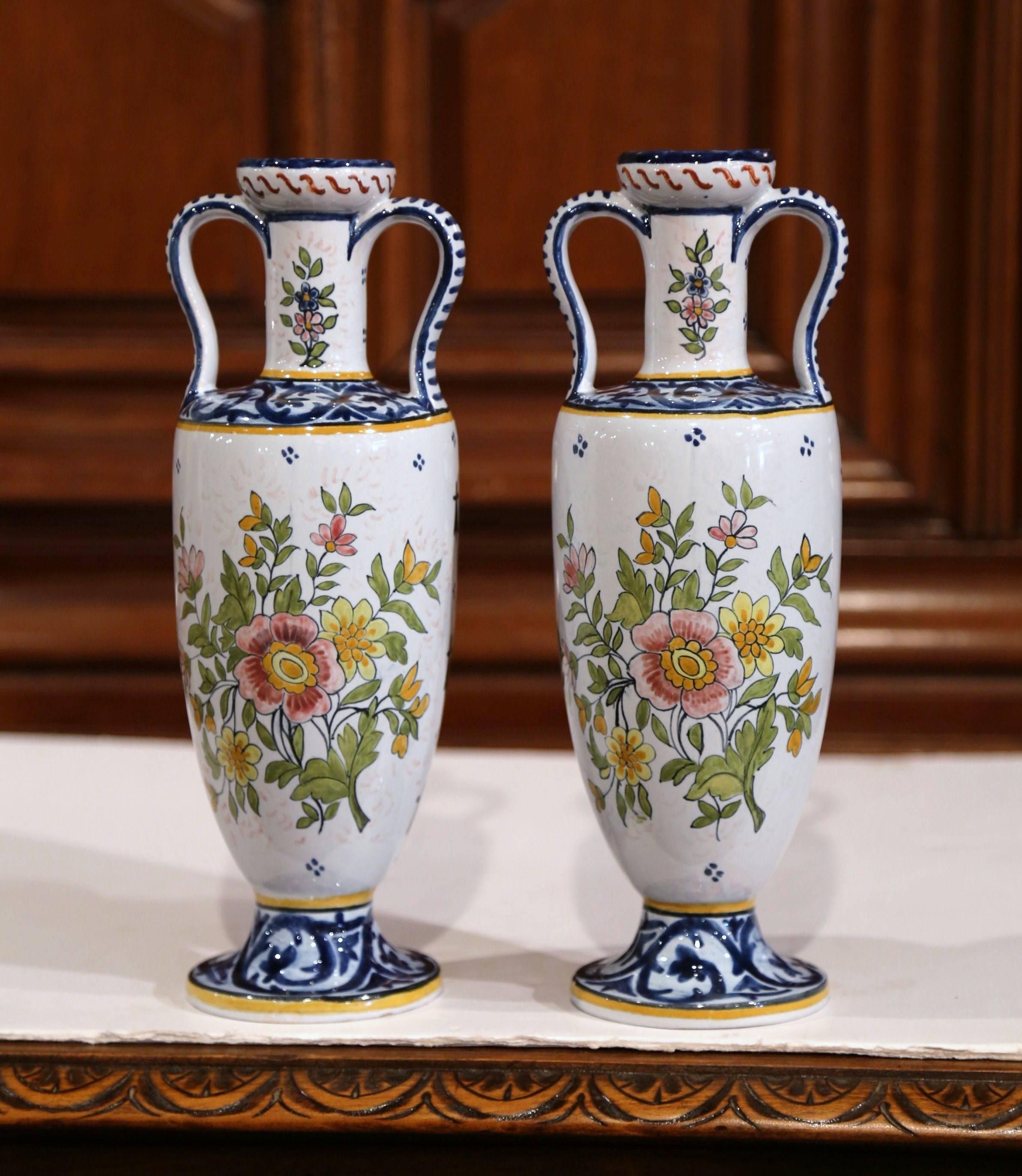 Hand-Crafted  Pair of 19th Century French Hand-Painted Vases Signed HB Quimper