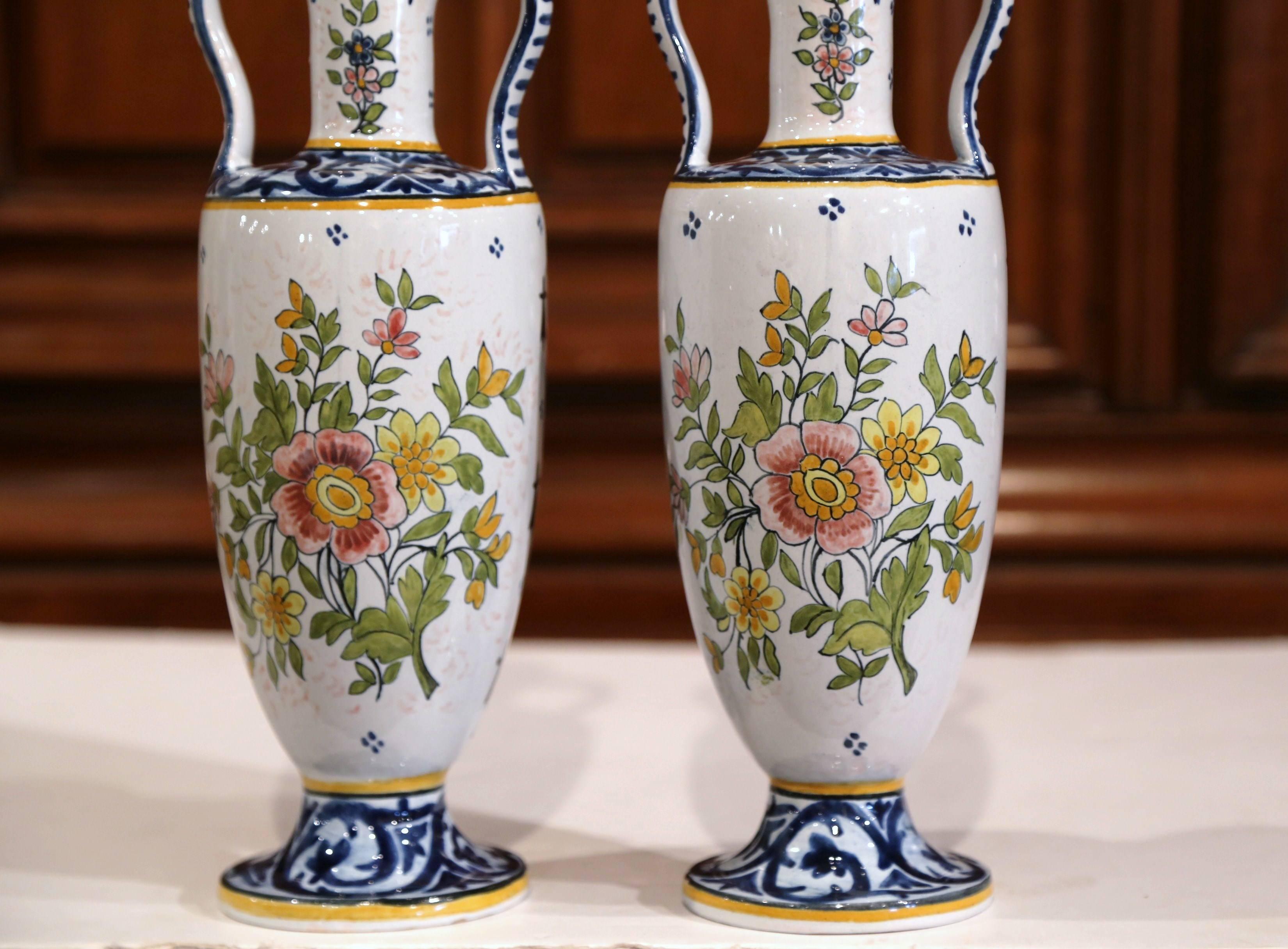  Pair of 19th Century French Hand-Painted Vases Signed HB Quimper In Excellent Condition In Dallas, TX