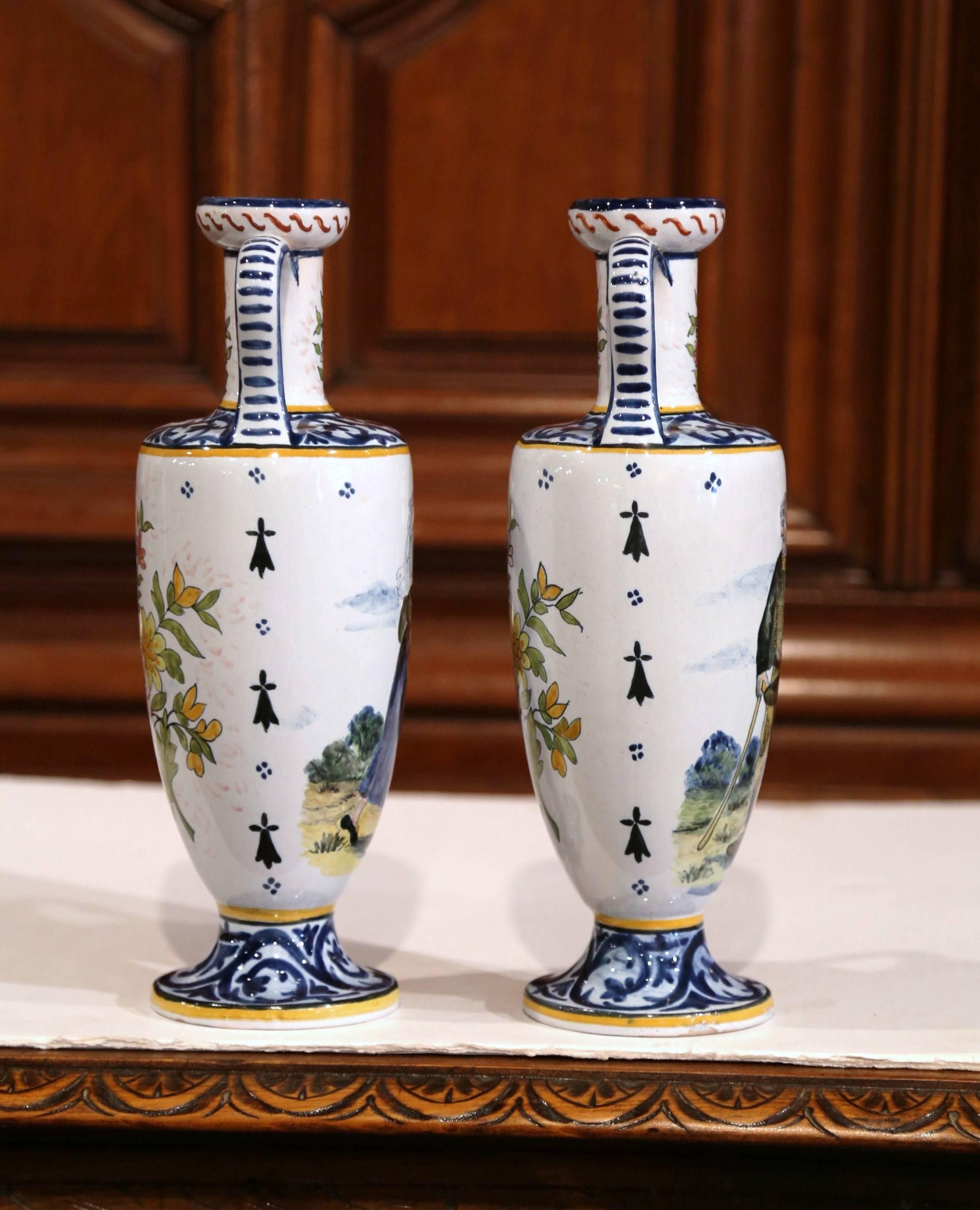 Ceramic  Pair of 19th Century French Hand-Painted Vases Signed HB Quimper