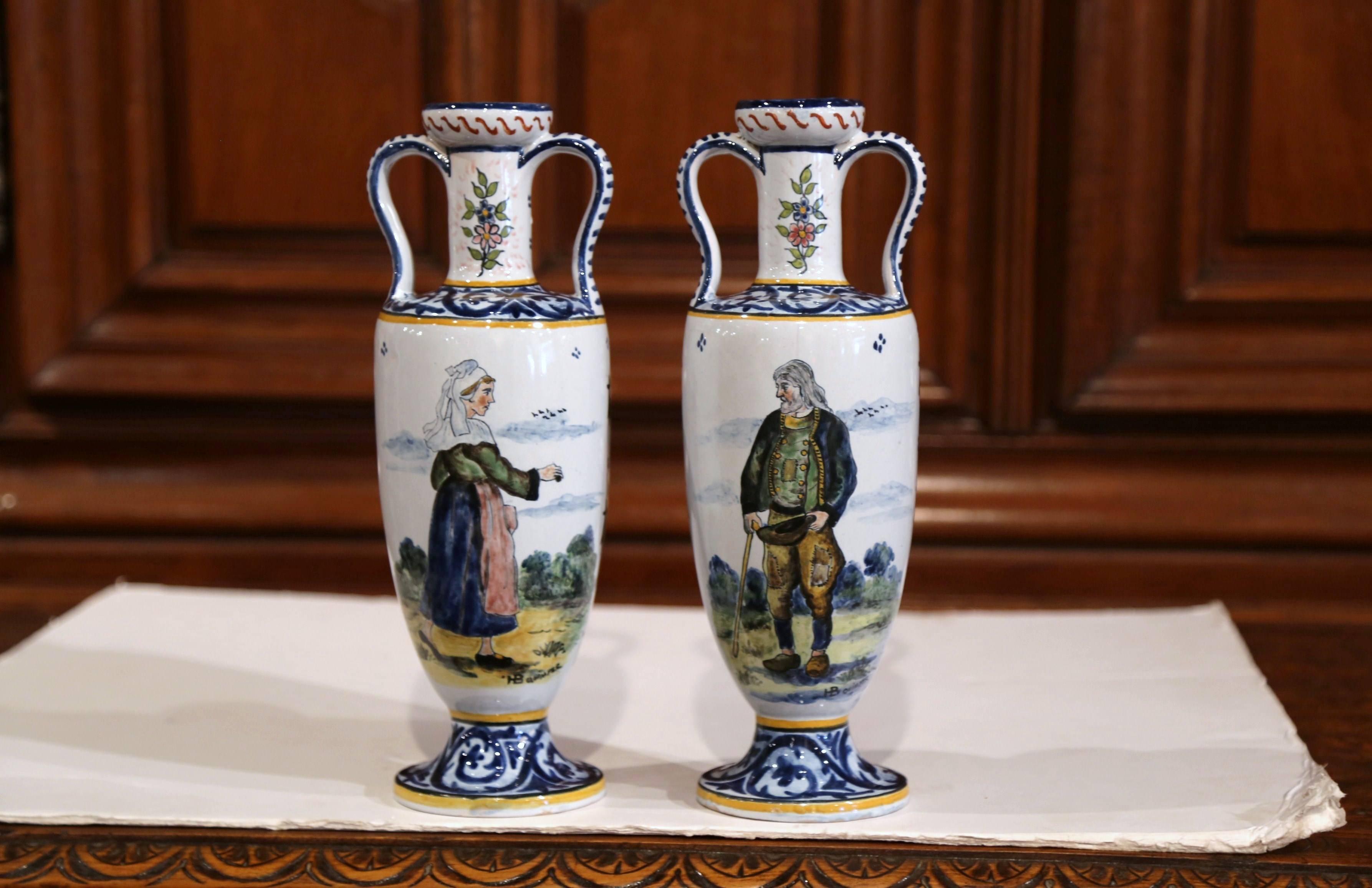  Pair of 19th Century French Hand-Painted Vases Signed HB Quimper 1