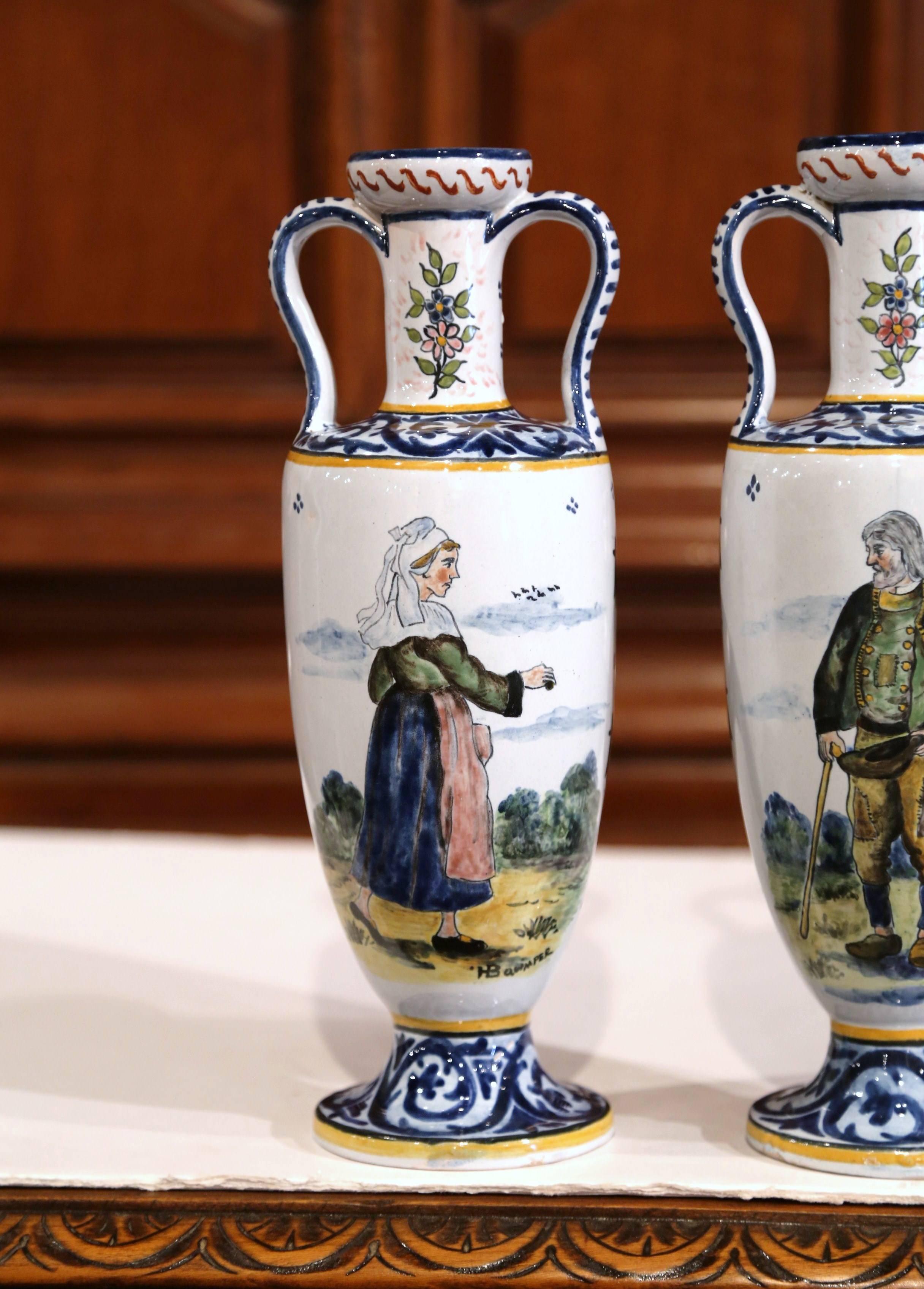  Pair of 19th Century French Hand-Painted Vases Signed HB Quimper 2