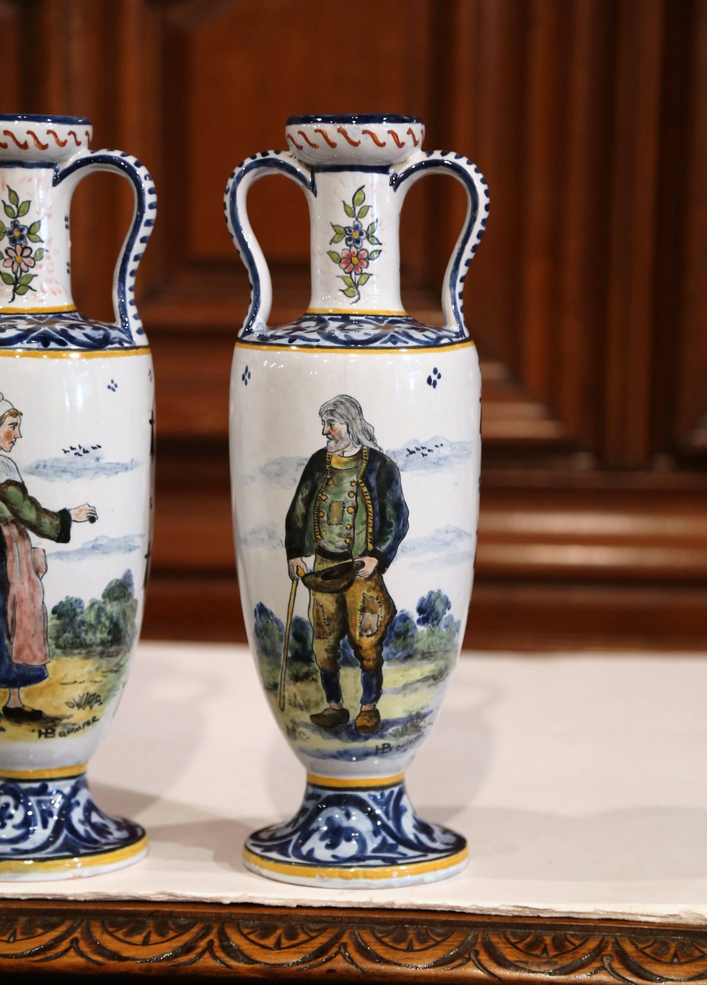  Pair of 19th Century French Hand-Painted Vases Signed HB Quimper 3