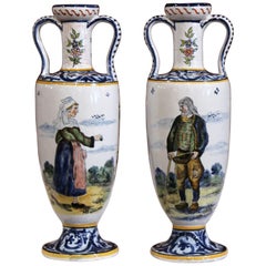  Pair of 19th Century French Hand-Painted Vases Signed HB Quimper