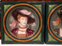 Pair of 19th Century French Renaissance Hand Painted Majolica Portrait Plaques
