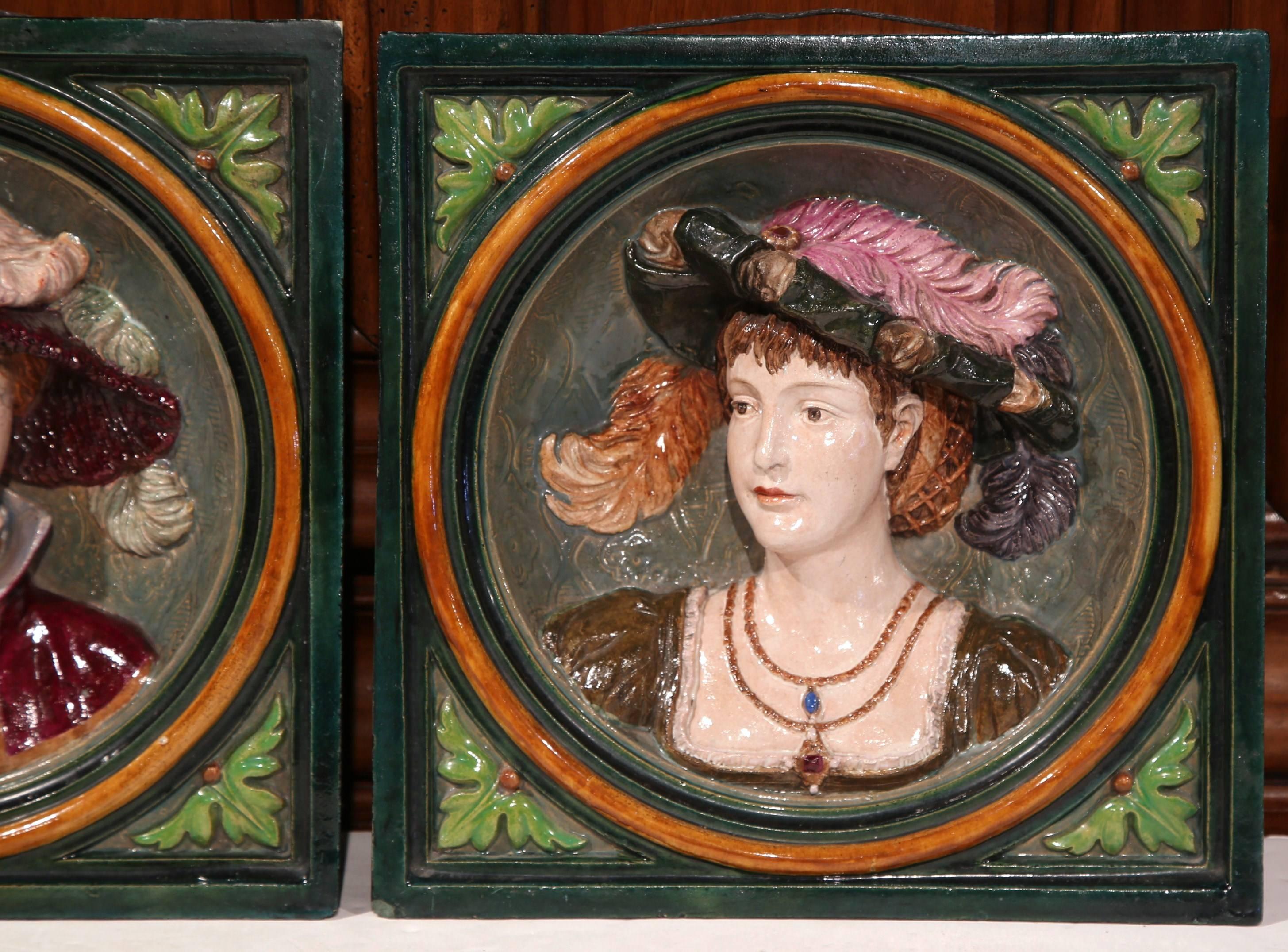 Hand-Crafted Pair of 19th Century French Hand Painted Ceramic Barbotine Figural Wall Plaques For Sale