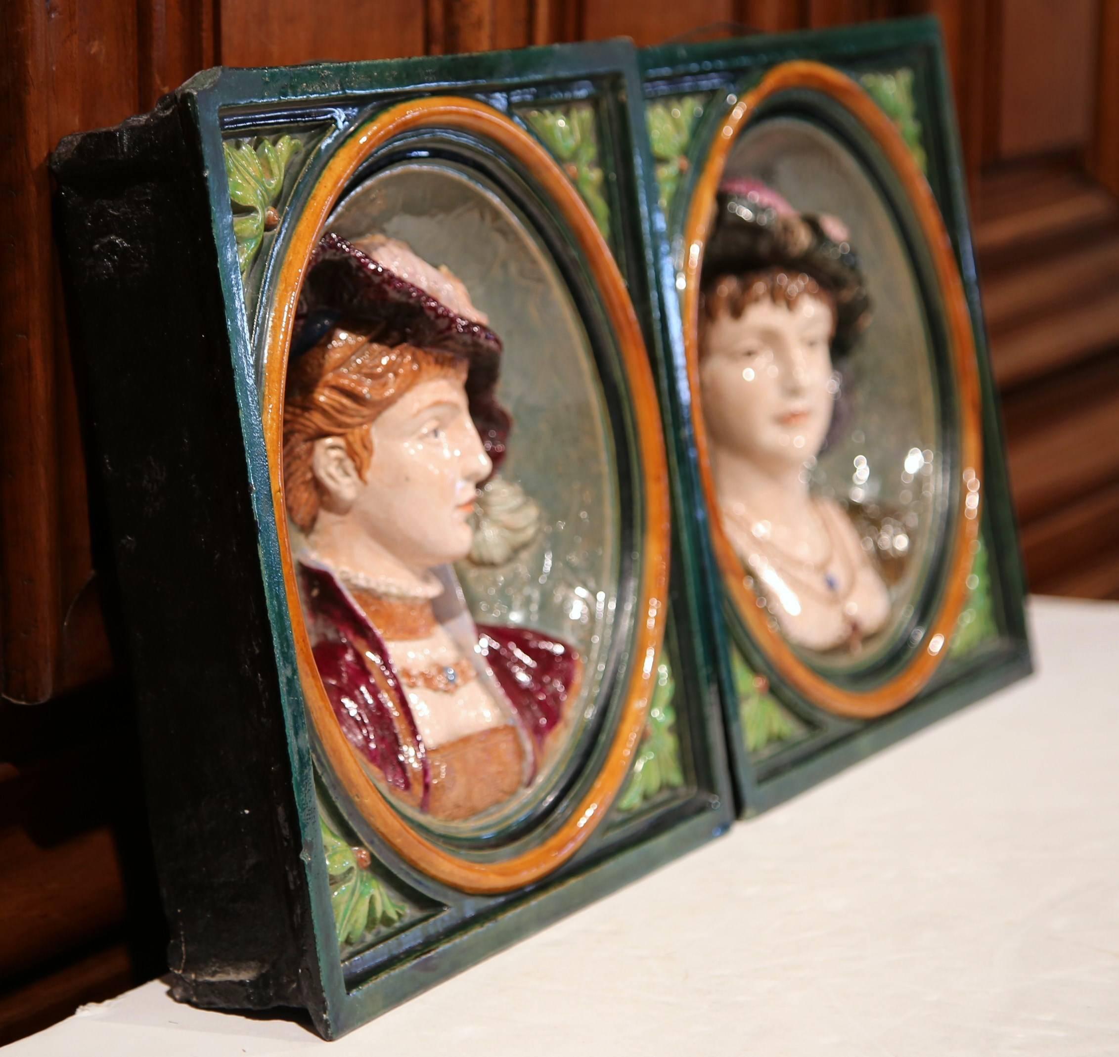 Pair of 19th Century French Hand Painted Ceramic Barbotine Figural Wall Plaques For Sale 1
