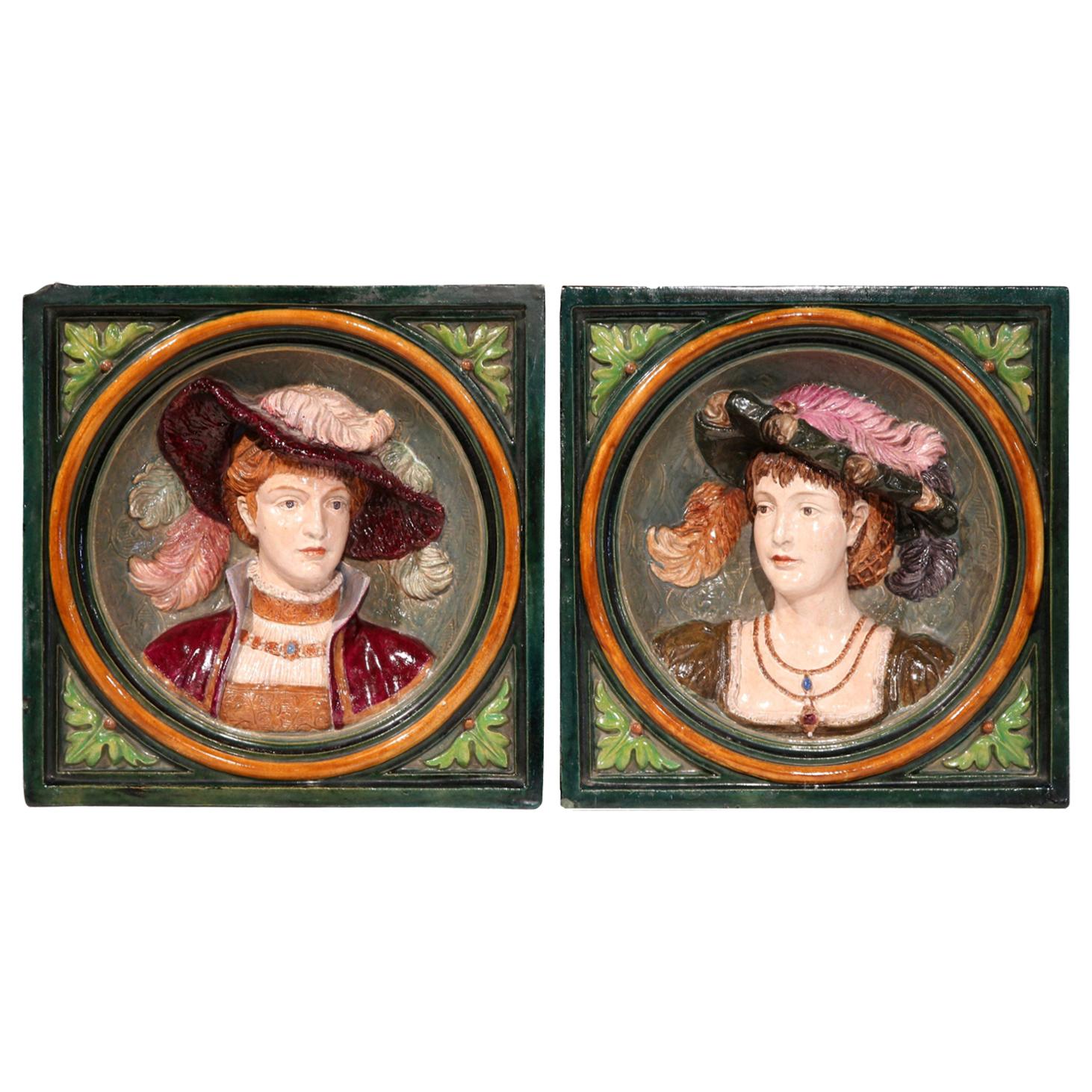 Pair of 19th Century French Hand Painted Ceramic Barbotine Figural Wall Plaques For Sale