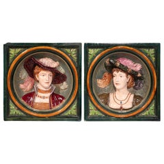 Antique Pair of 19th Century French Hand Painted Ceramic Barbotine Figural Wall Plaques