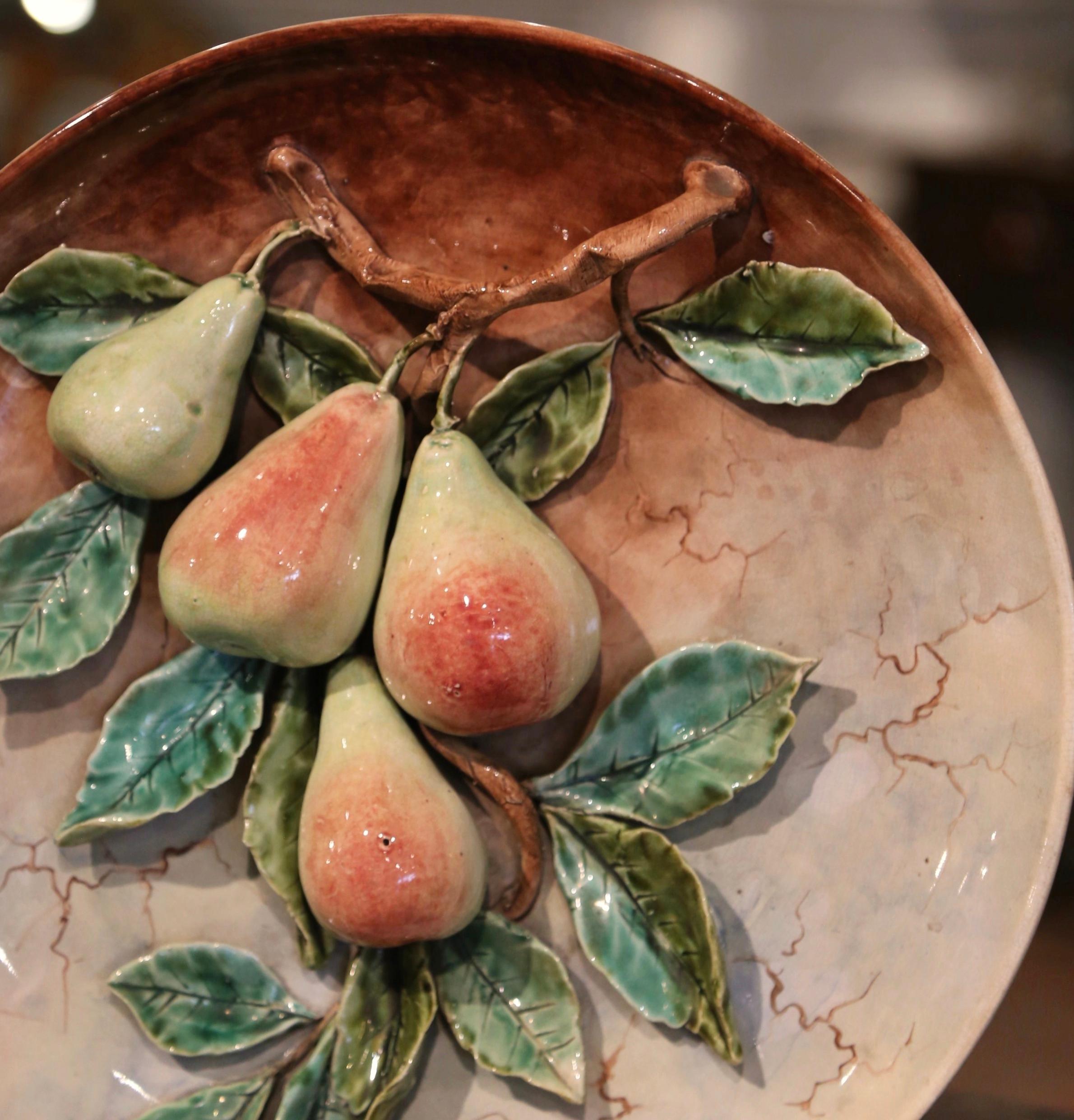 Pair of 19th Century French Hand Painted Ceramic Barbotine Fruit Wall Platters For Sale 5