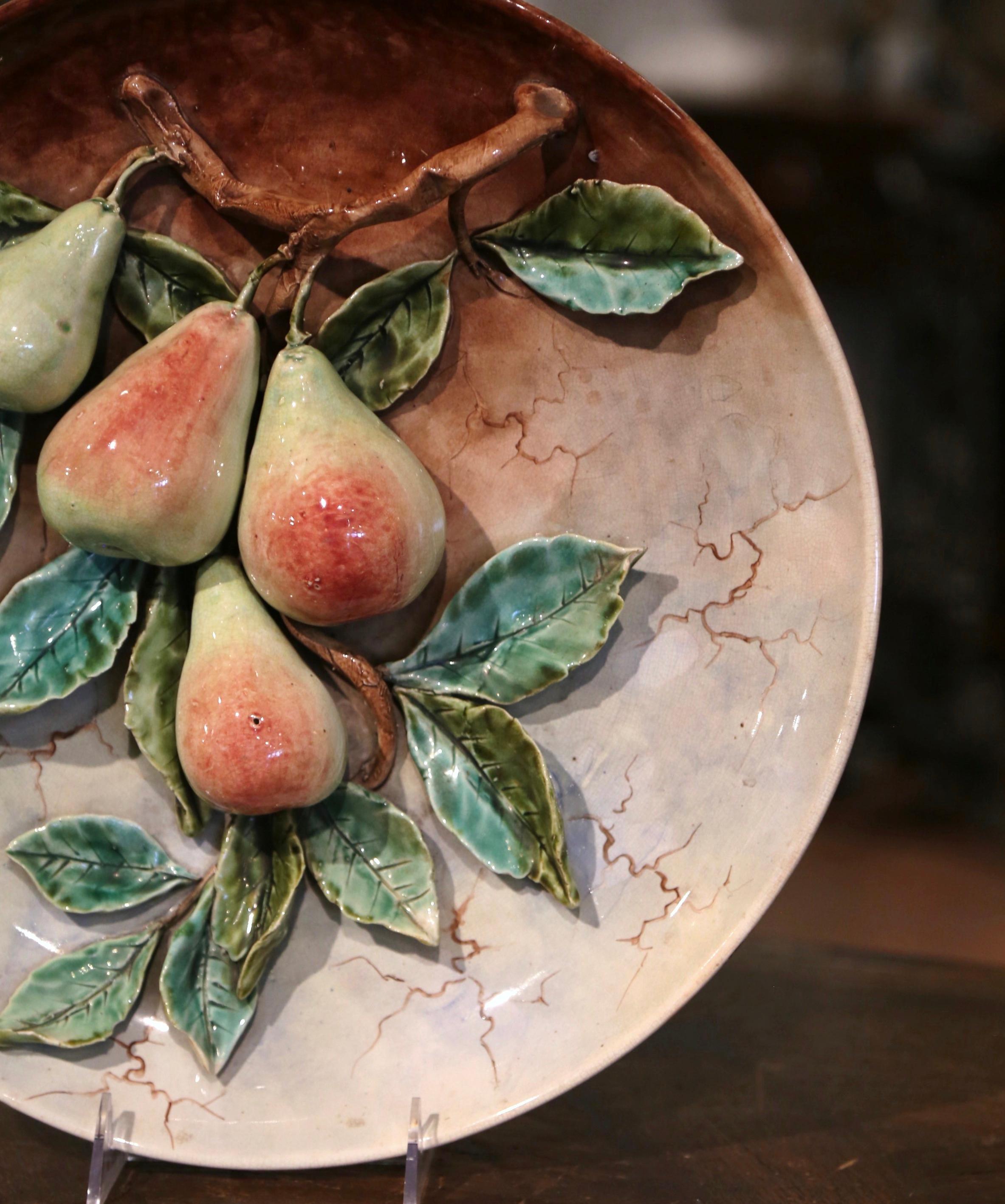 Pair of 19th Century French Hand Painted Ceramic Barbotine Fruit Wall Platters For Sale 7