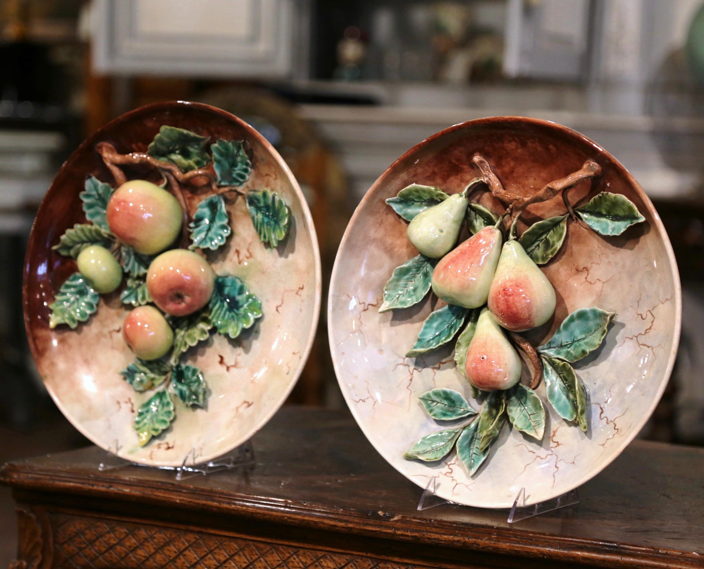 Hand-Crafted Pair of 19th Century French Hand Painted Ceramic Barbotine Fruit Wall Platters For Sale