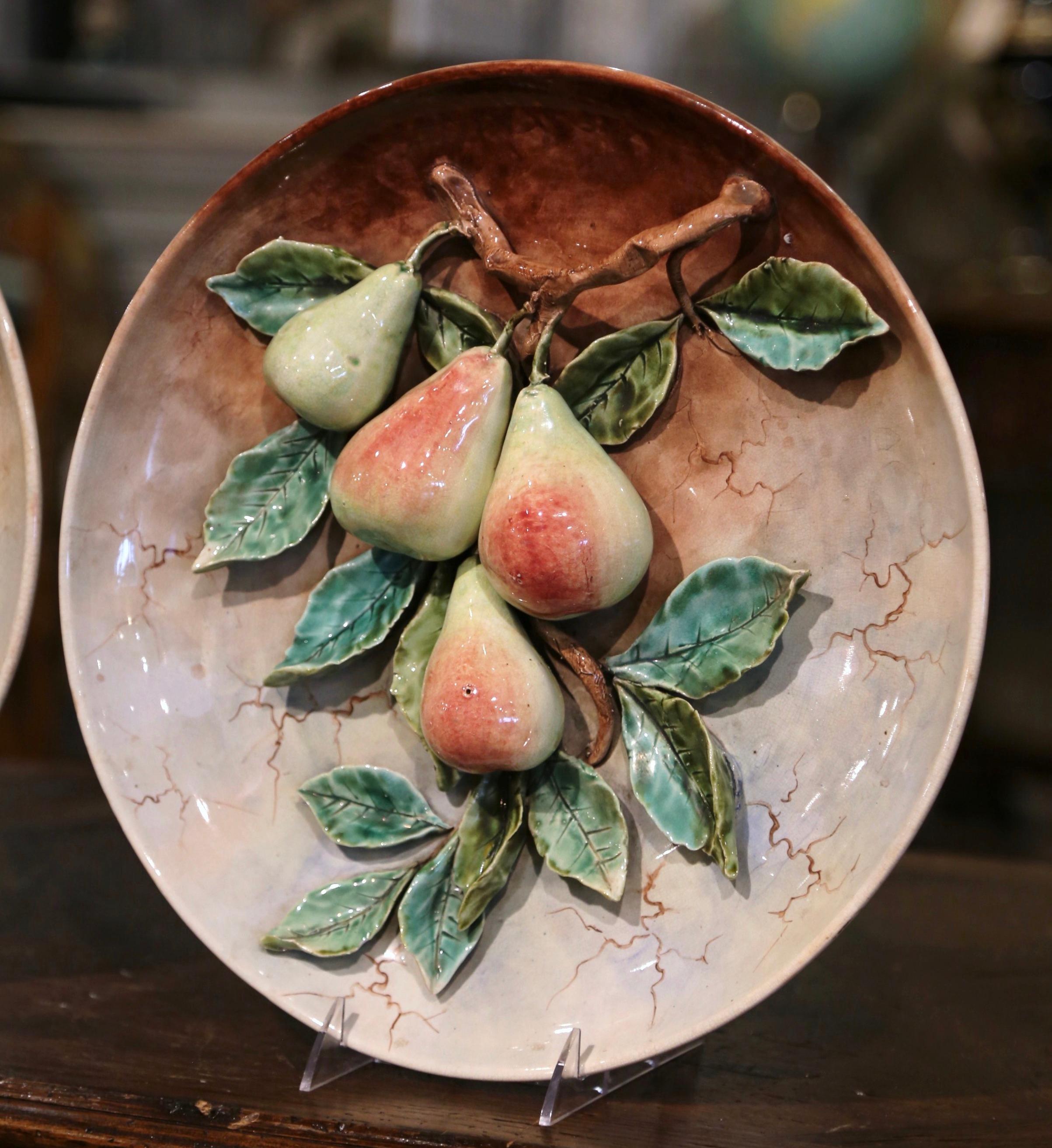 Pair of 19th Century French Hand Painted Ceramic Barbotine Fruit Wall Platters For Sale 1