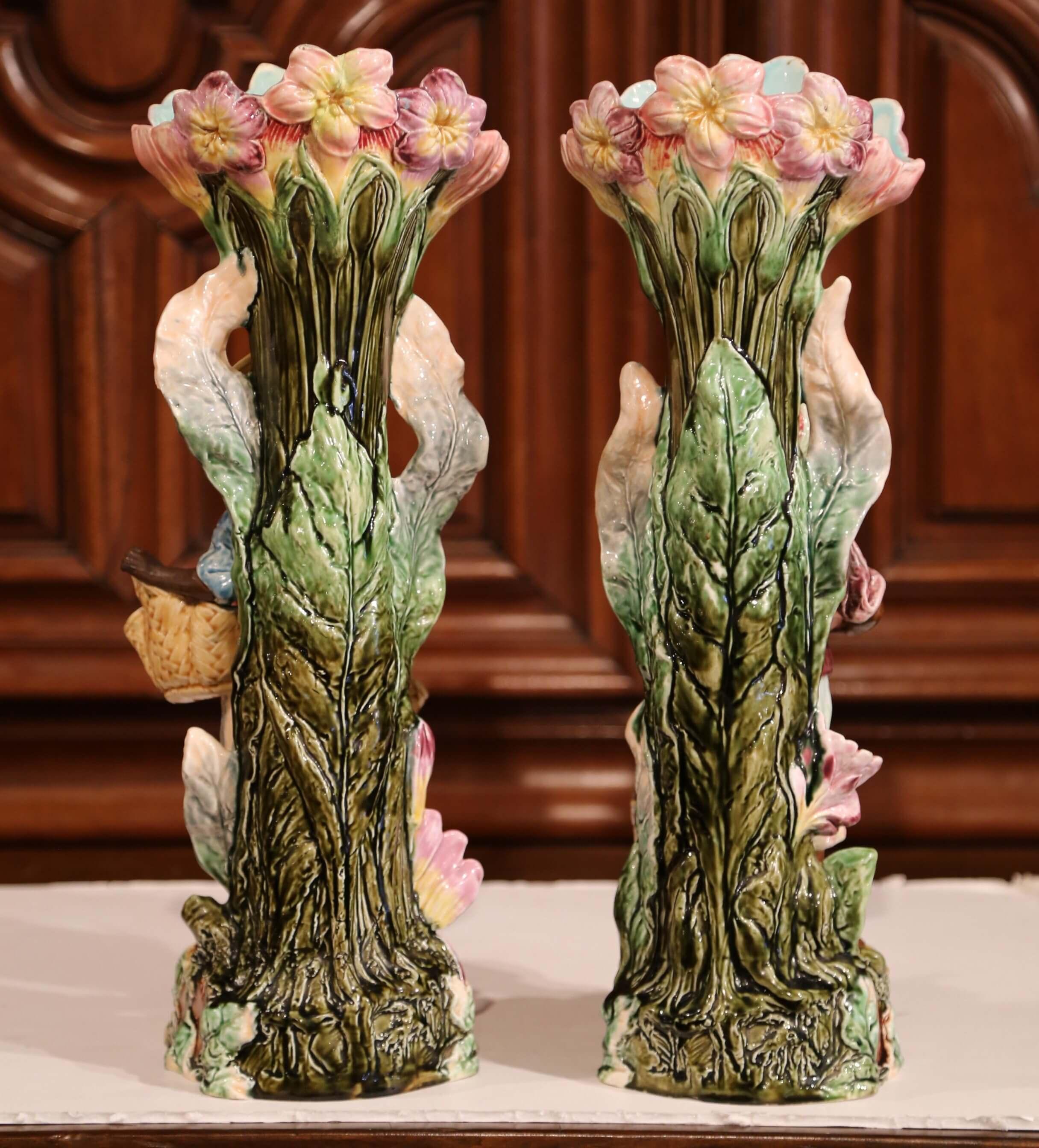 Pair of 19th Century French Hand Painted Ceramic Barbotine Vases For Sale 4