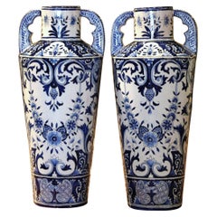 Pair of 19th Century French Hand Painted Delft Faience Trumpet Vases