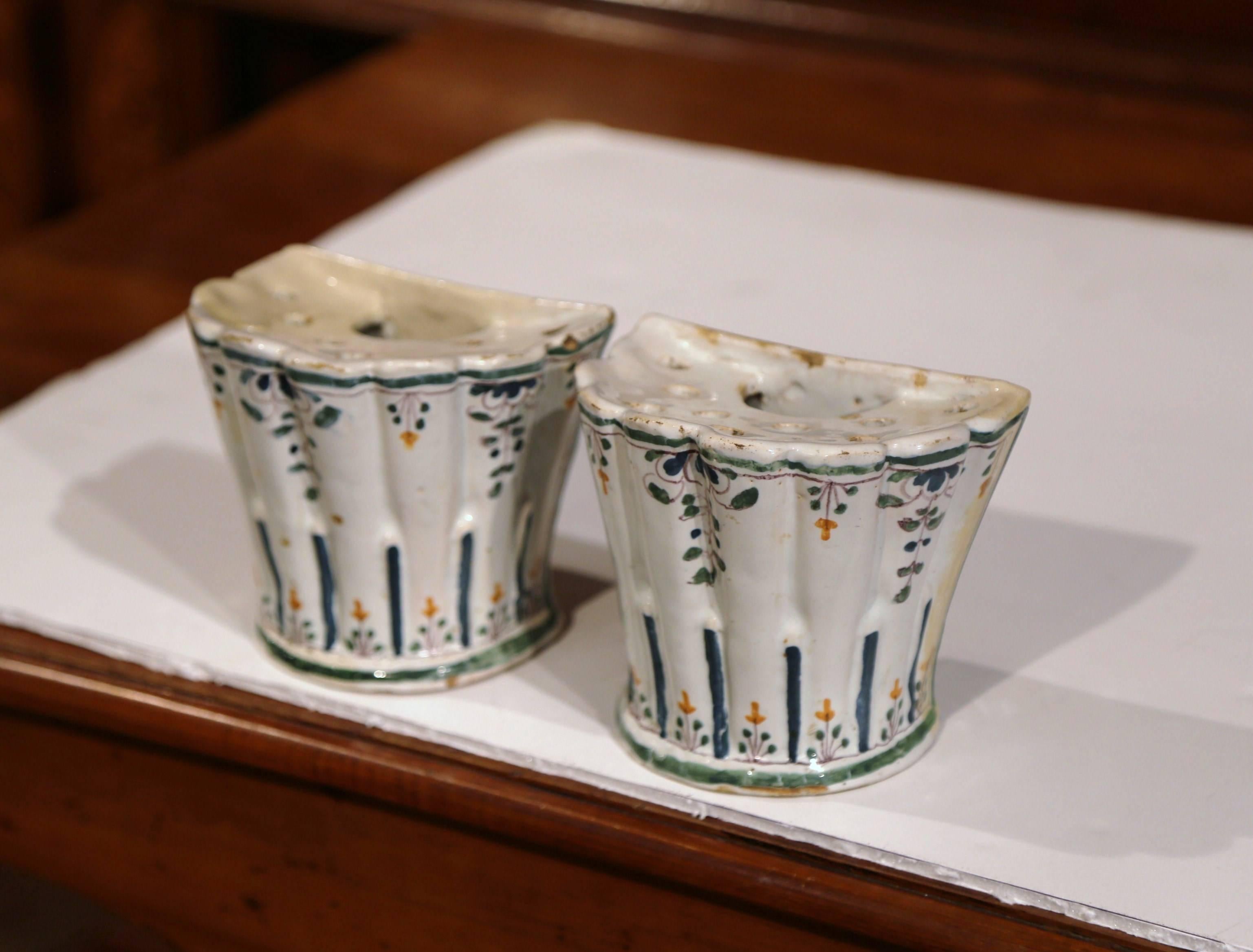 Hand-Crafted Pair of 19th Century French Hand-Painted Demilune Faience Bouquetières Vases